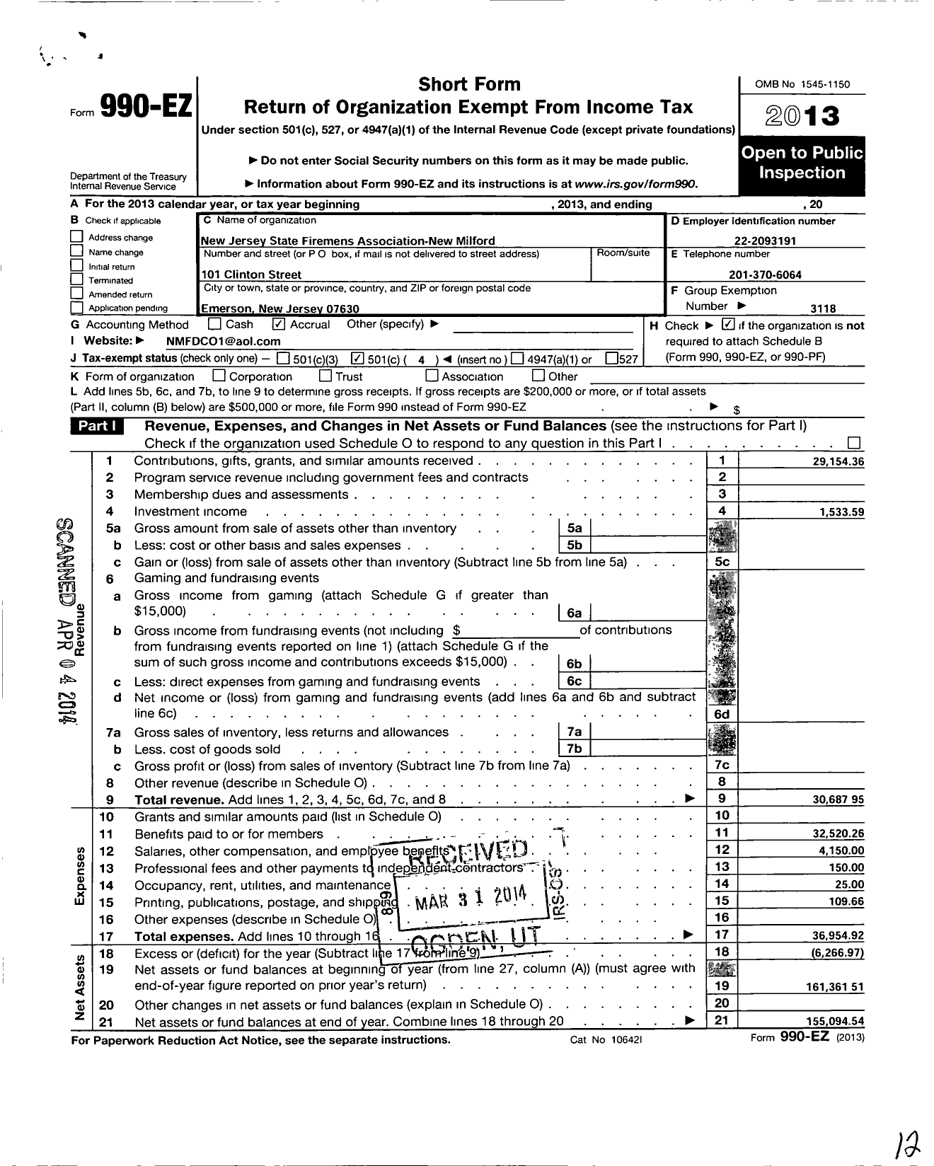 Image of first page of 2013 Form 990EO for New Jersey State Firemen's Association - New Milford