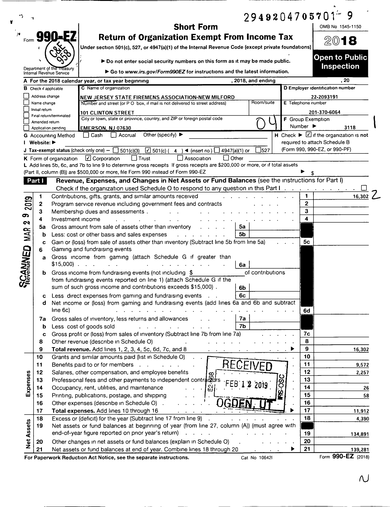 Image of first page of 2018 Form 990EO for New Jersey State Firemen's Association - New Milford