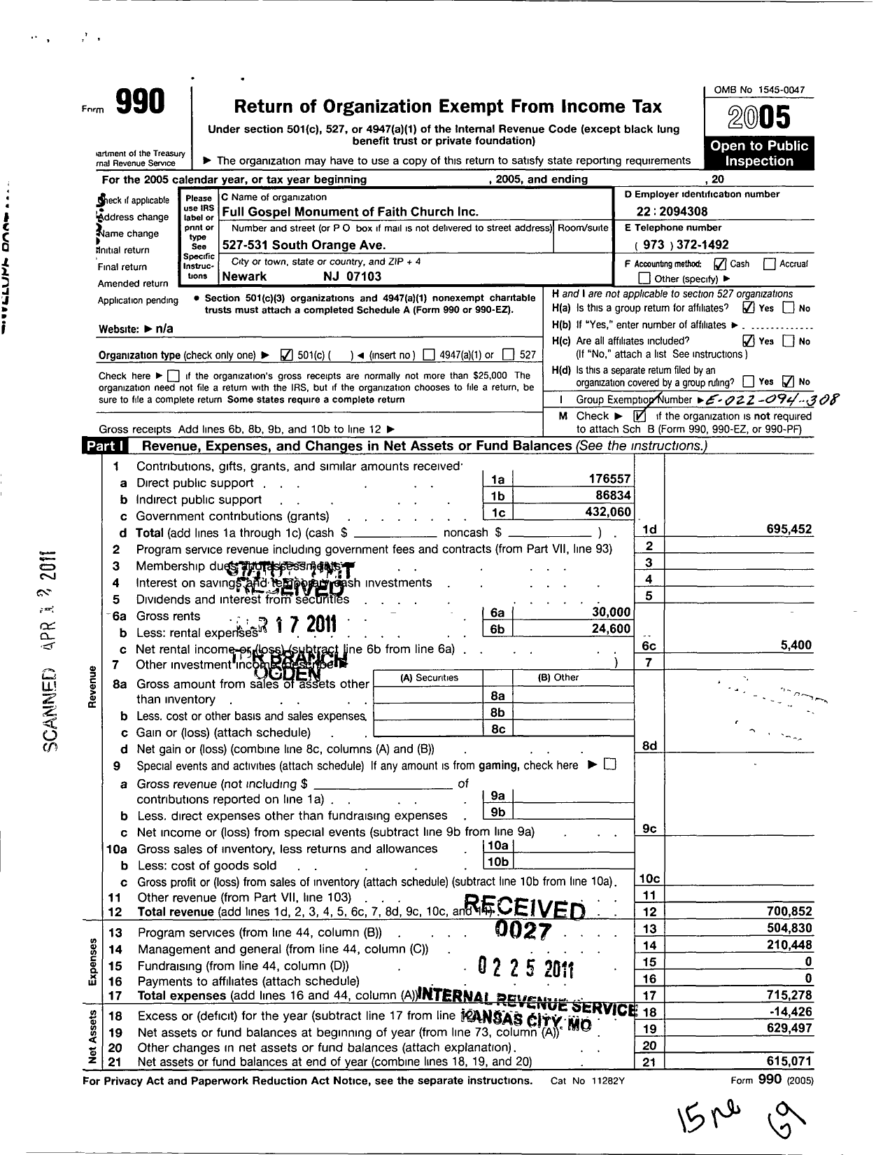 Image of first page of 2005 Form 990O for Full Gospel Monument of Faith Church