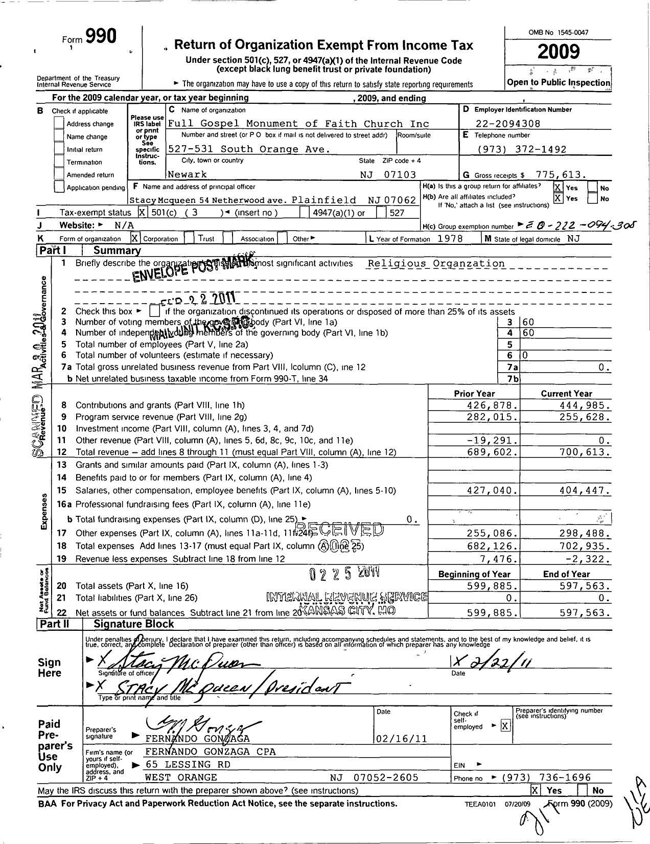 Image of first page of 2009 Form 990 for Full Gospel Monument of Faith Church