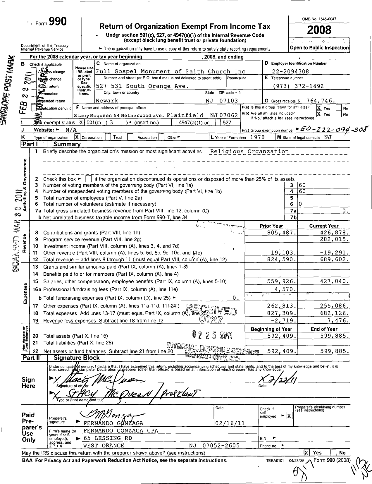 Image of first page of 2008 Form 990 for Full Gospel Monument of Faith Church