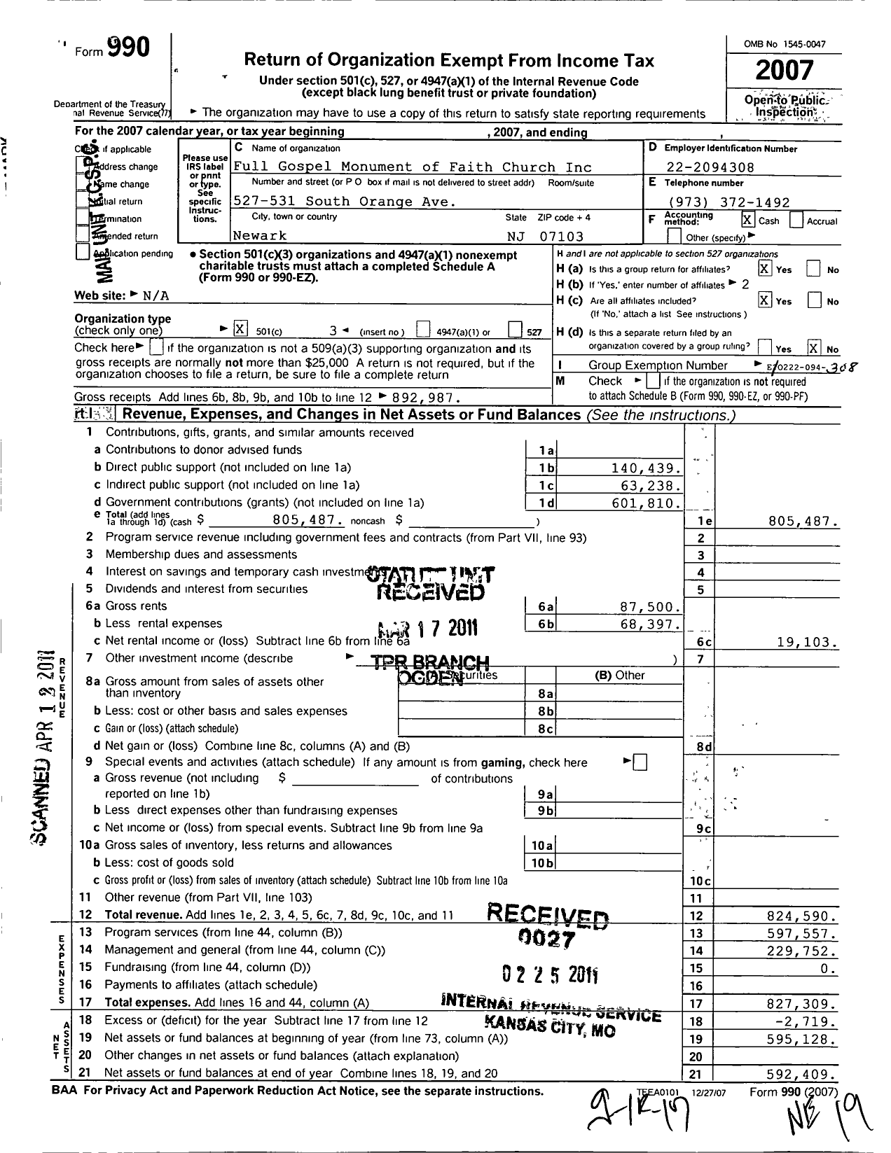 Image of first page of 2007 Form 990 for Full Gospel Monument of Faith Church