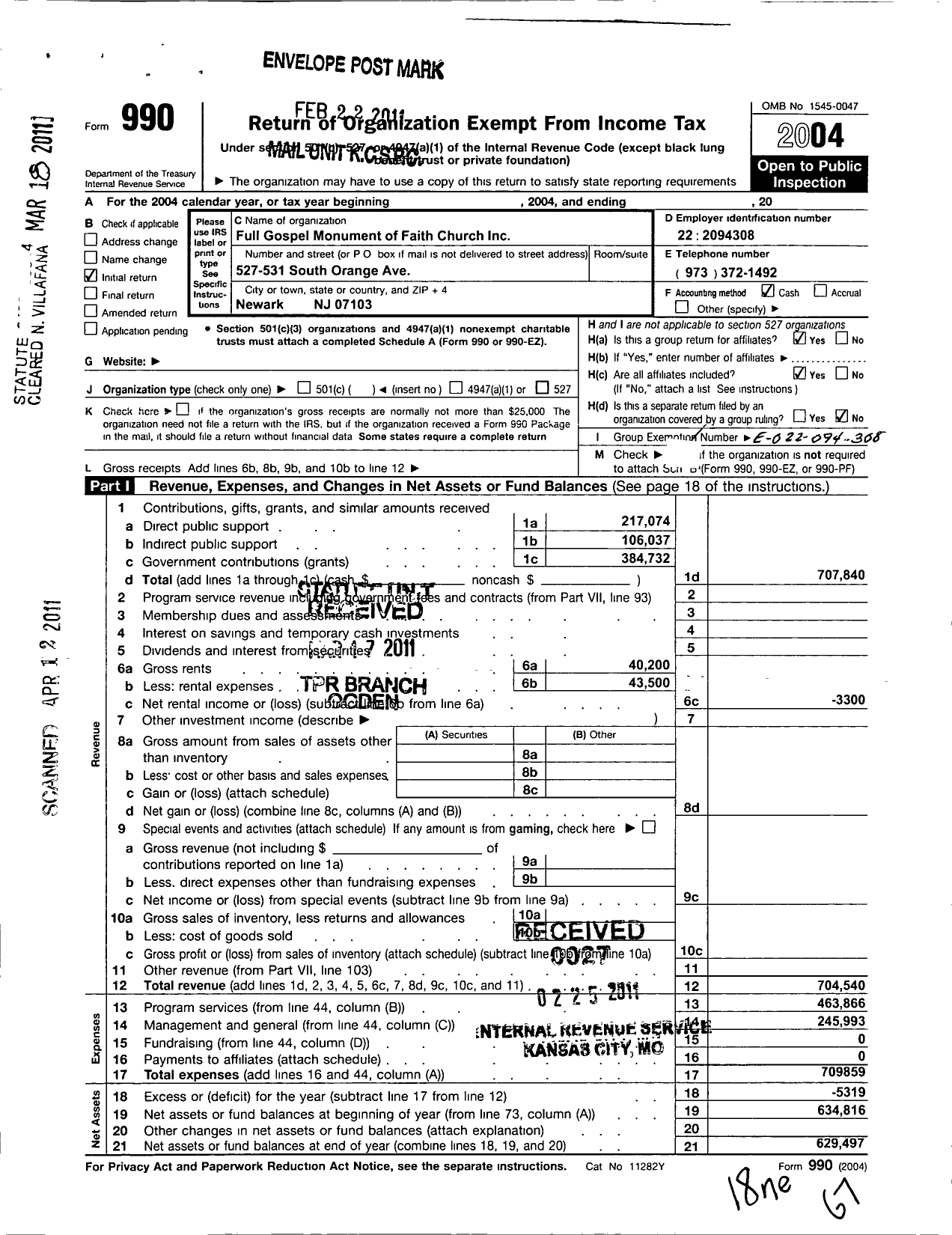 Image of first page of 2004 Form 990O for Full Gospel Monument of Faith Church