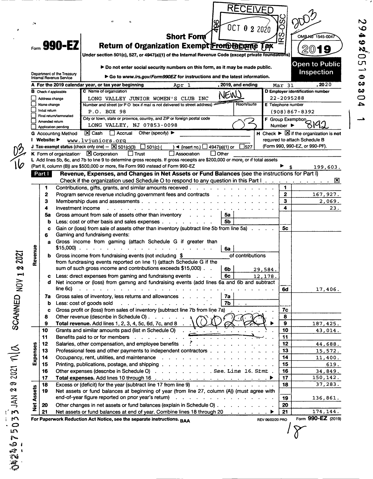 Image of first page of 2019 Form 990EZ for New Jersey State Federation of Women's Clubs - Long Valley Junior Womens Club