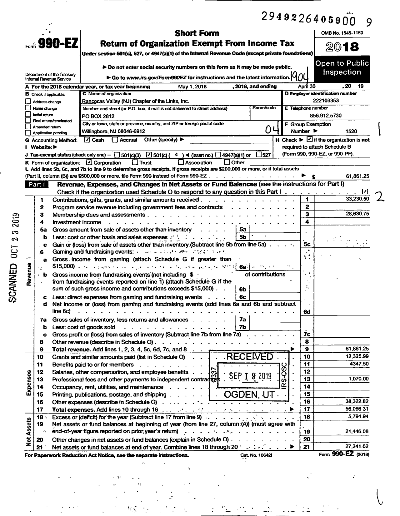 Image of first page of 2018 Form 990EO for Links / Rancocas Valley Chapter