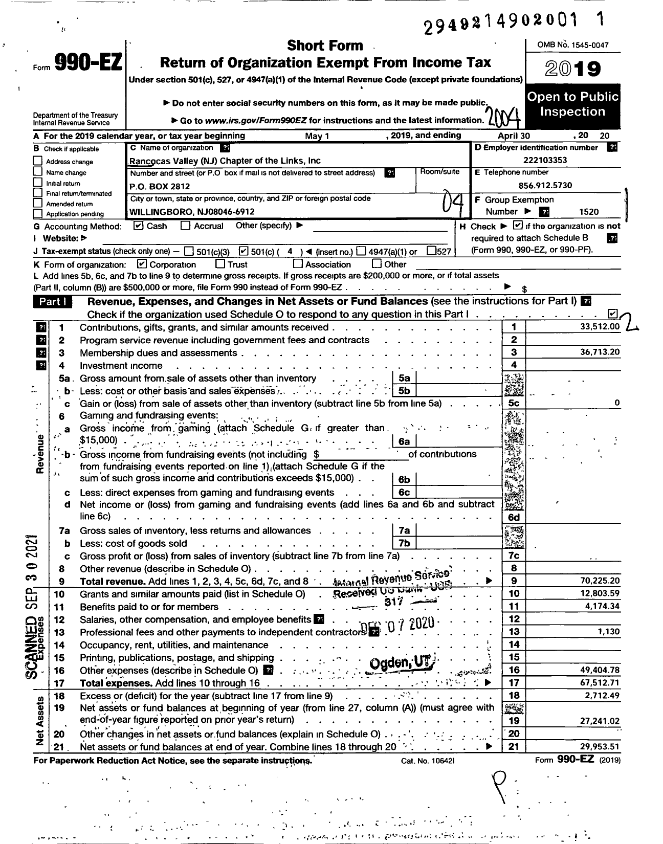 Image of first page of 2019 Form 990EO for Links / Rancocas Valley Chapter