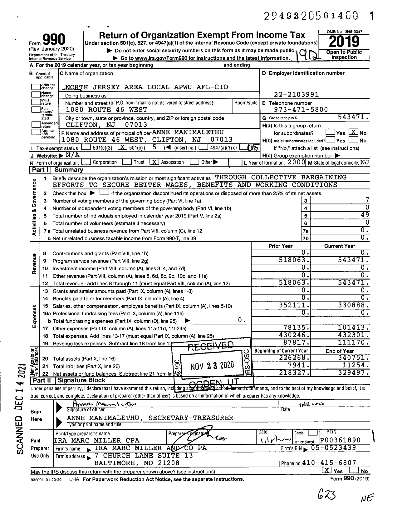 Image of first page of 2019 Form 990O for American Postal Workers Union - 190 North Jersey Area Local