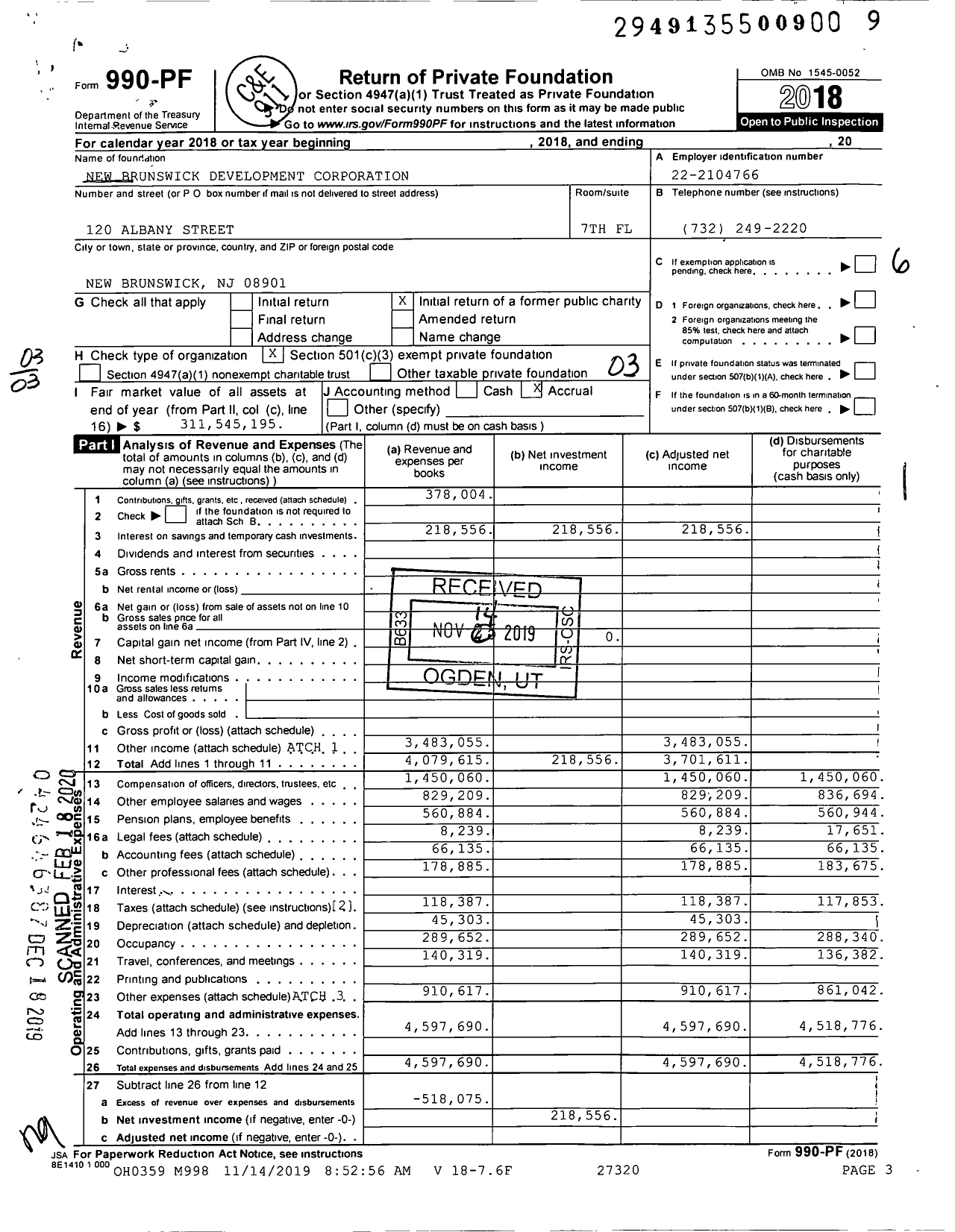 Image of first page of 2018 Form 990PF for New Brunswick Development Corporation (DEVCO)