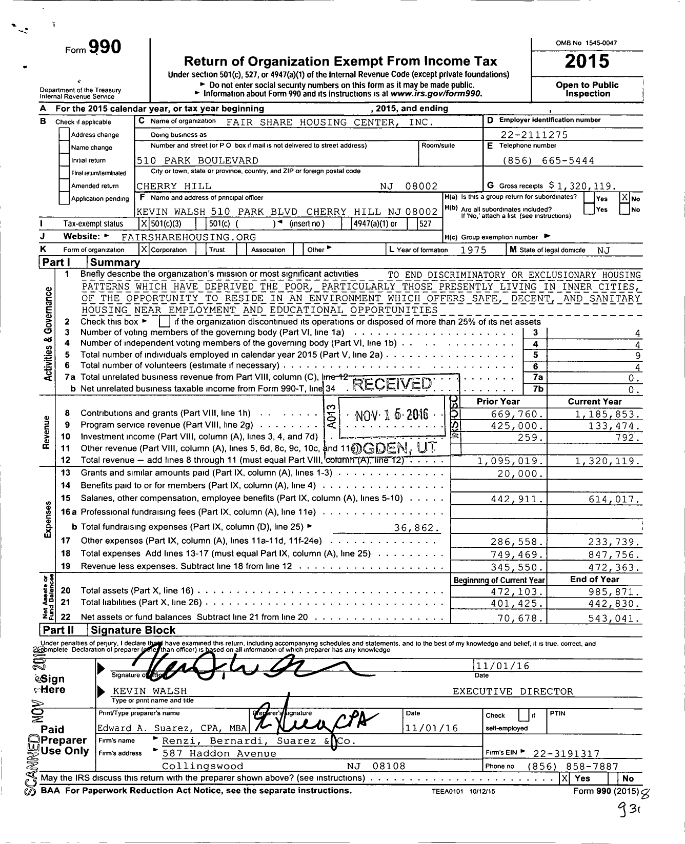 Image of first page of 2015 Form 990 for Fair Share Housing Center (FSHC)