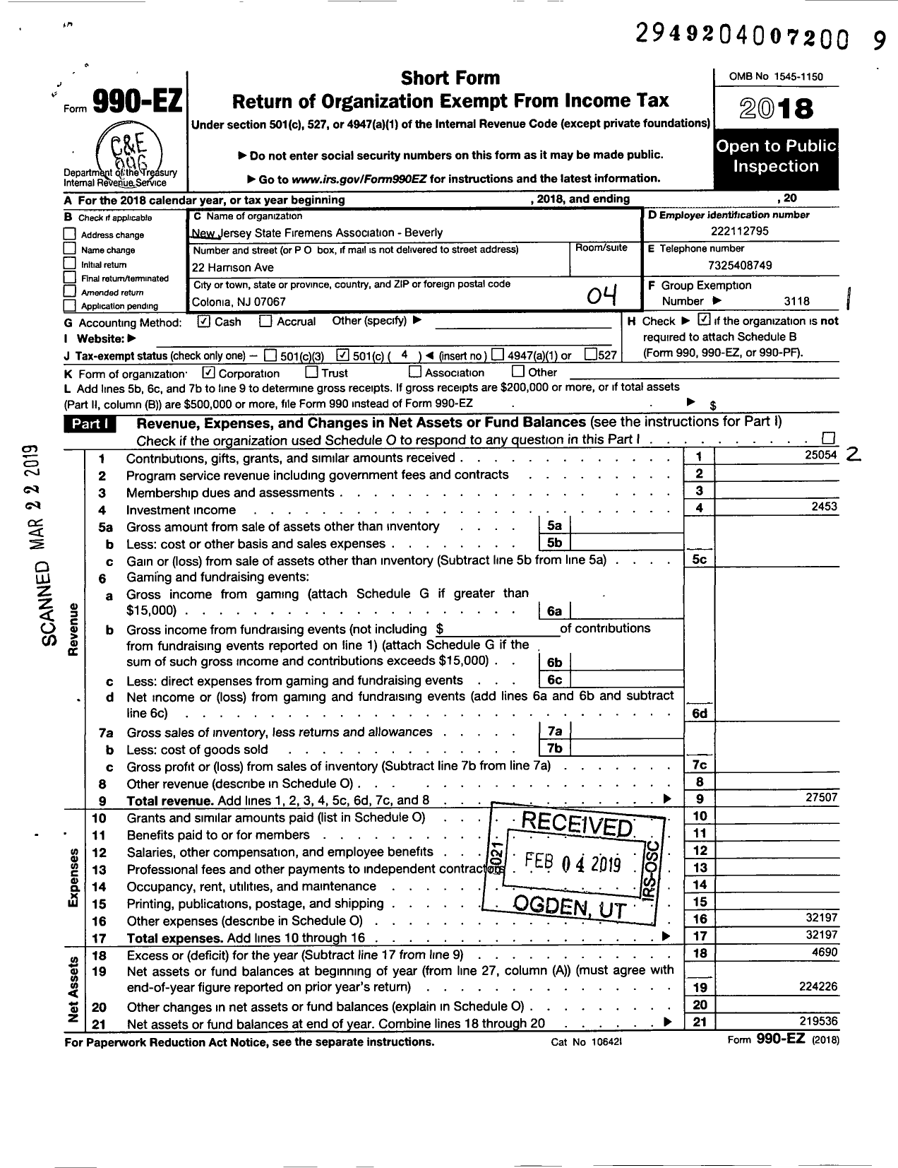 Image of first page of 2018 Form 990EO for New Jersey State Firemen's Association - Beverly
