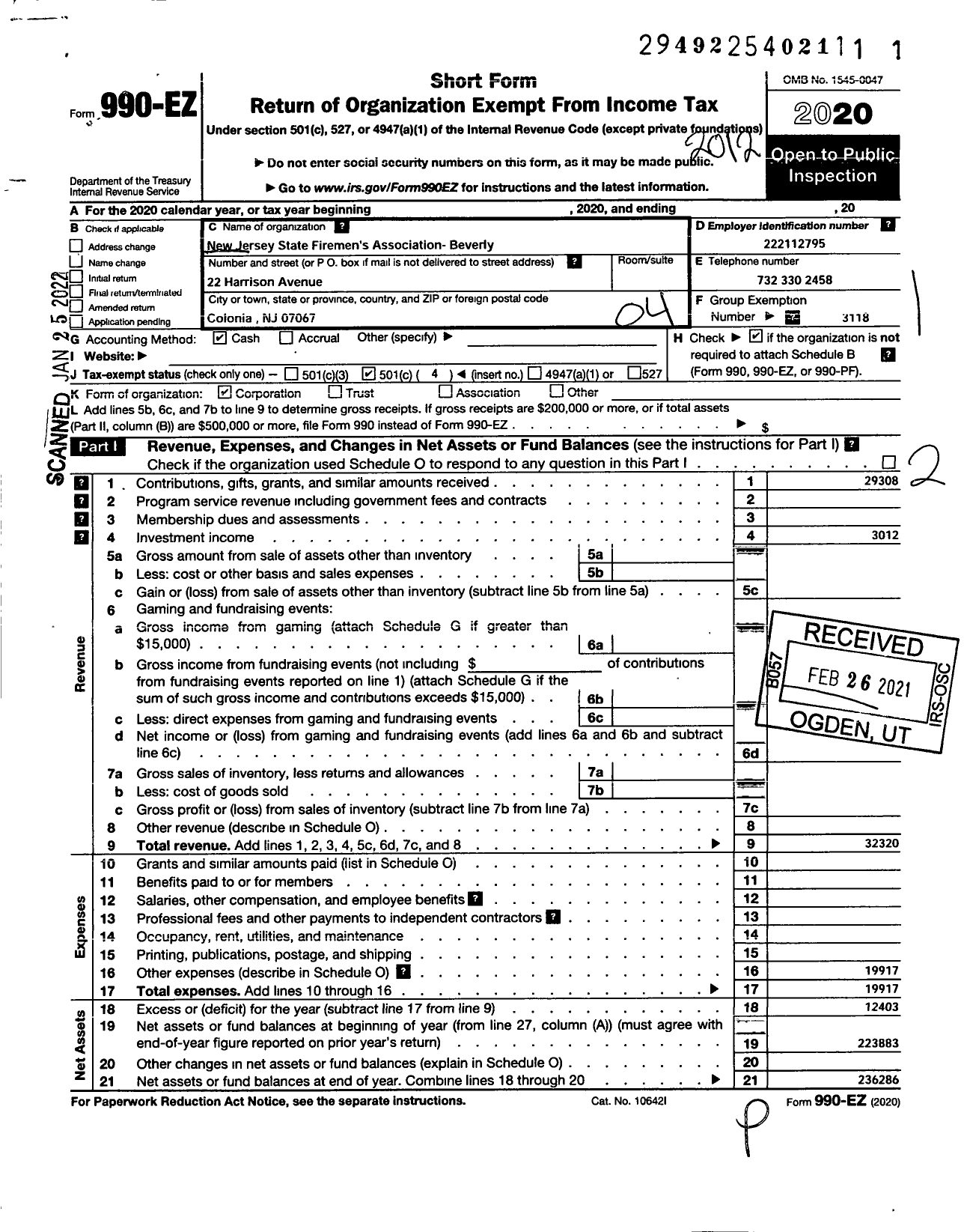 Image of first page of 2020 Form 990EO for New Jersey State Firemen's Association - Beverly