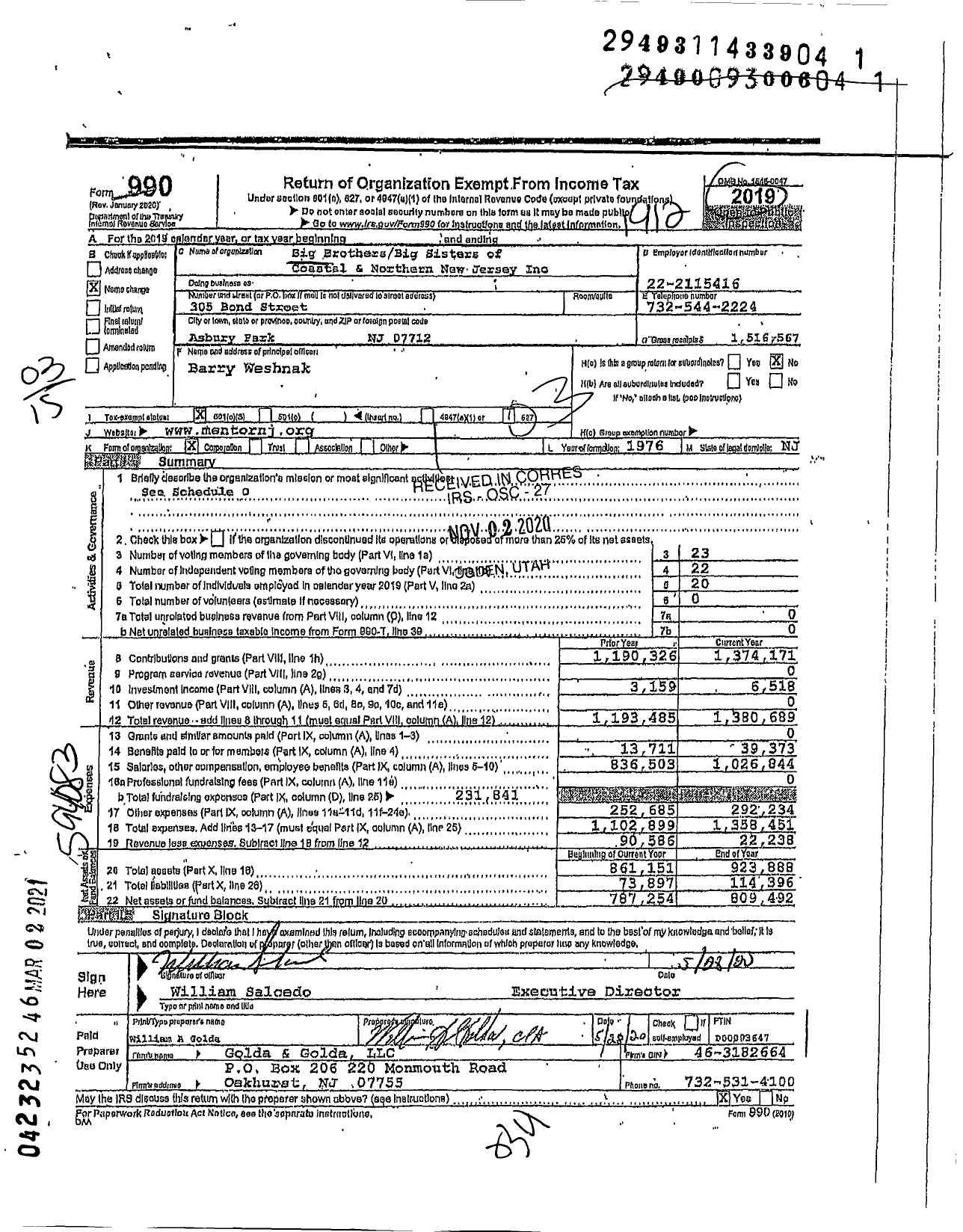 Image of first page of 2019 Form 990 for Big Brothersbig Big Sisters of Coastal and Northern New Jersey