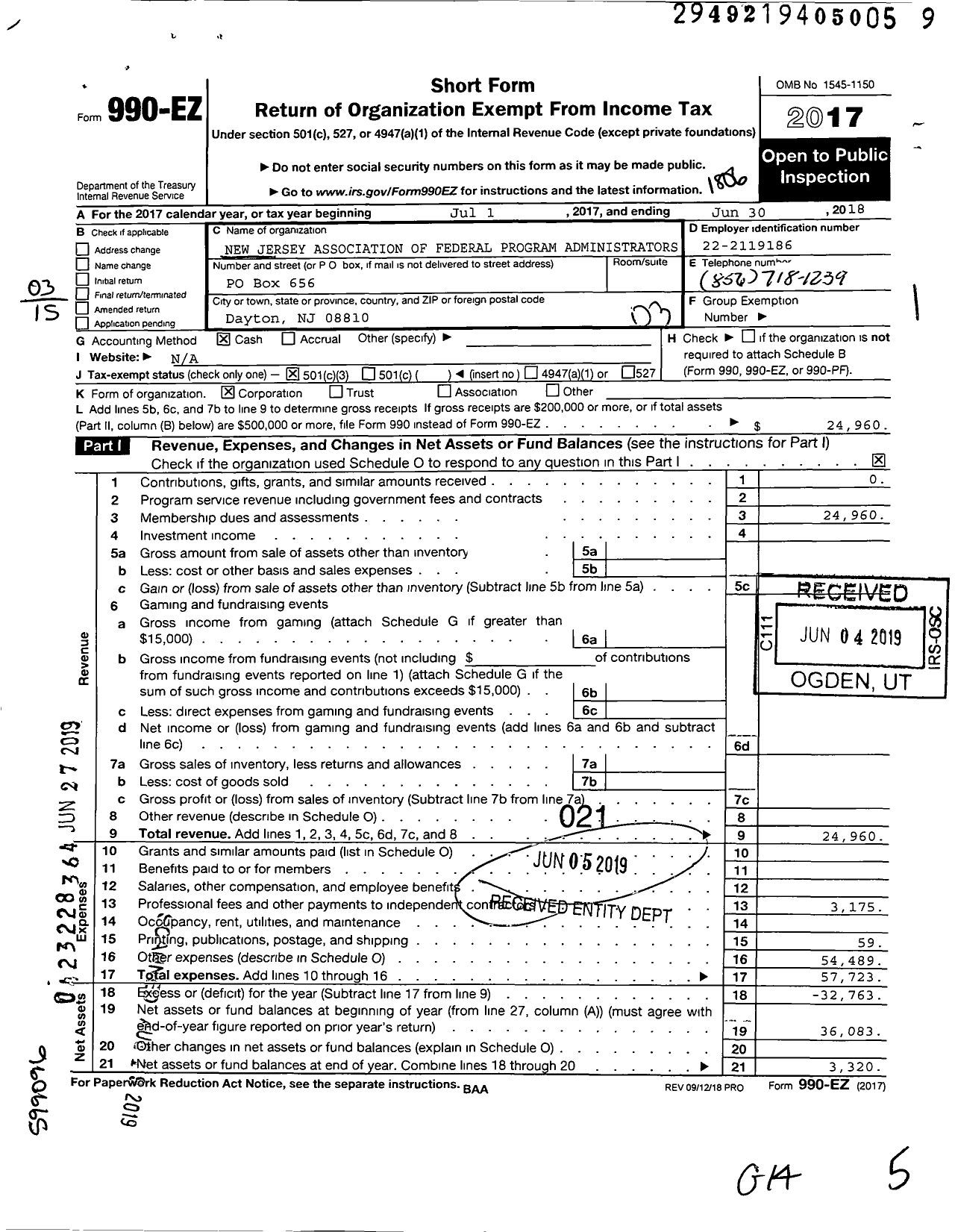 Image of first page of 2017 Form 990EZ for New Jersey Association of Federal Program Administrators