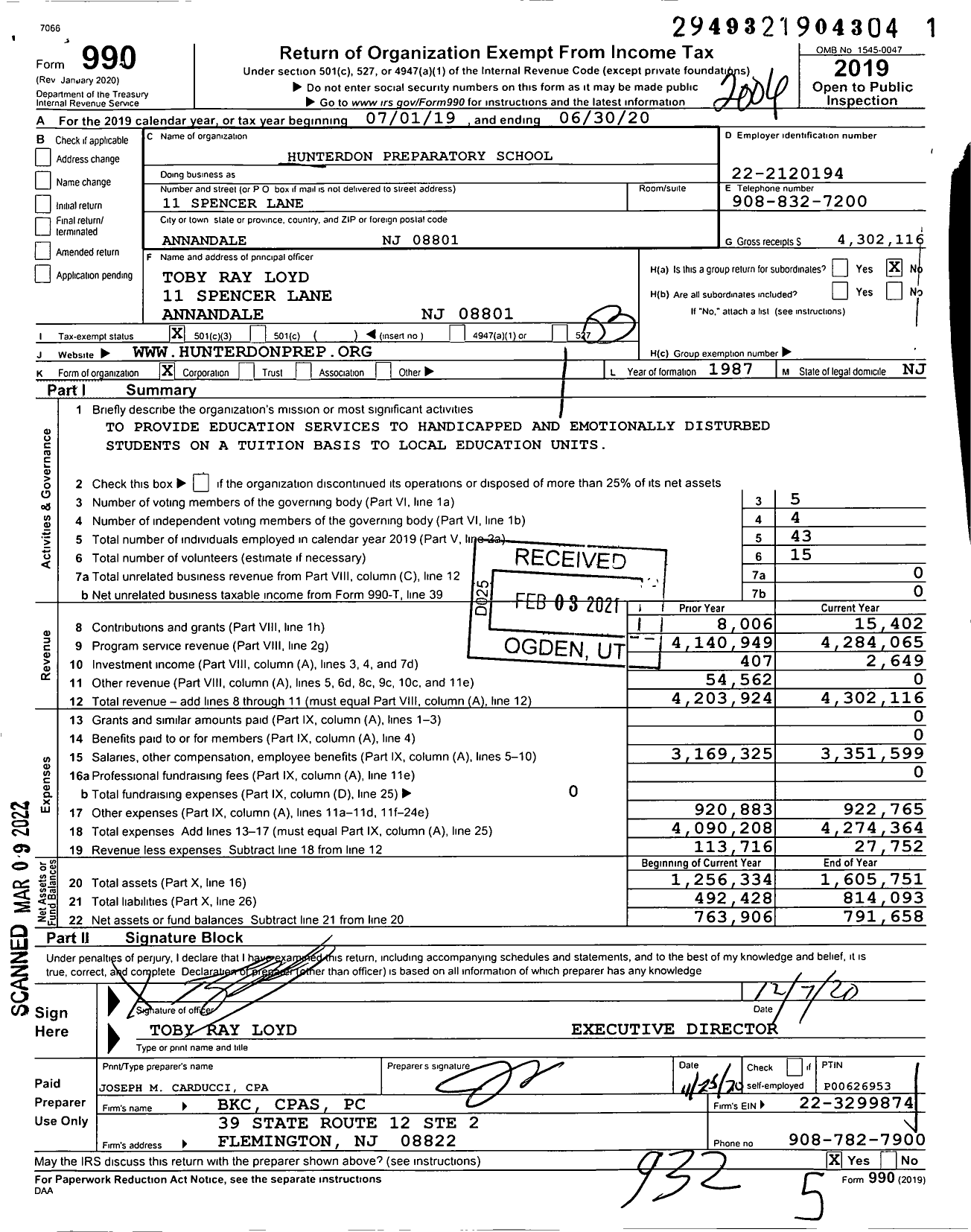 Image of first page of 2019 Form 990 for Hunterdon Preparatory School