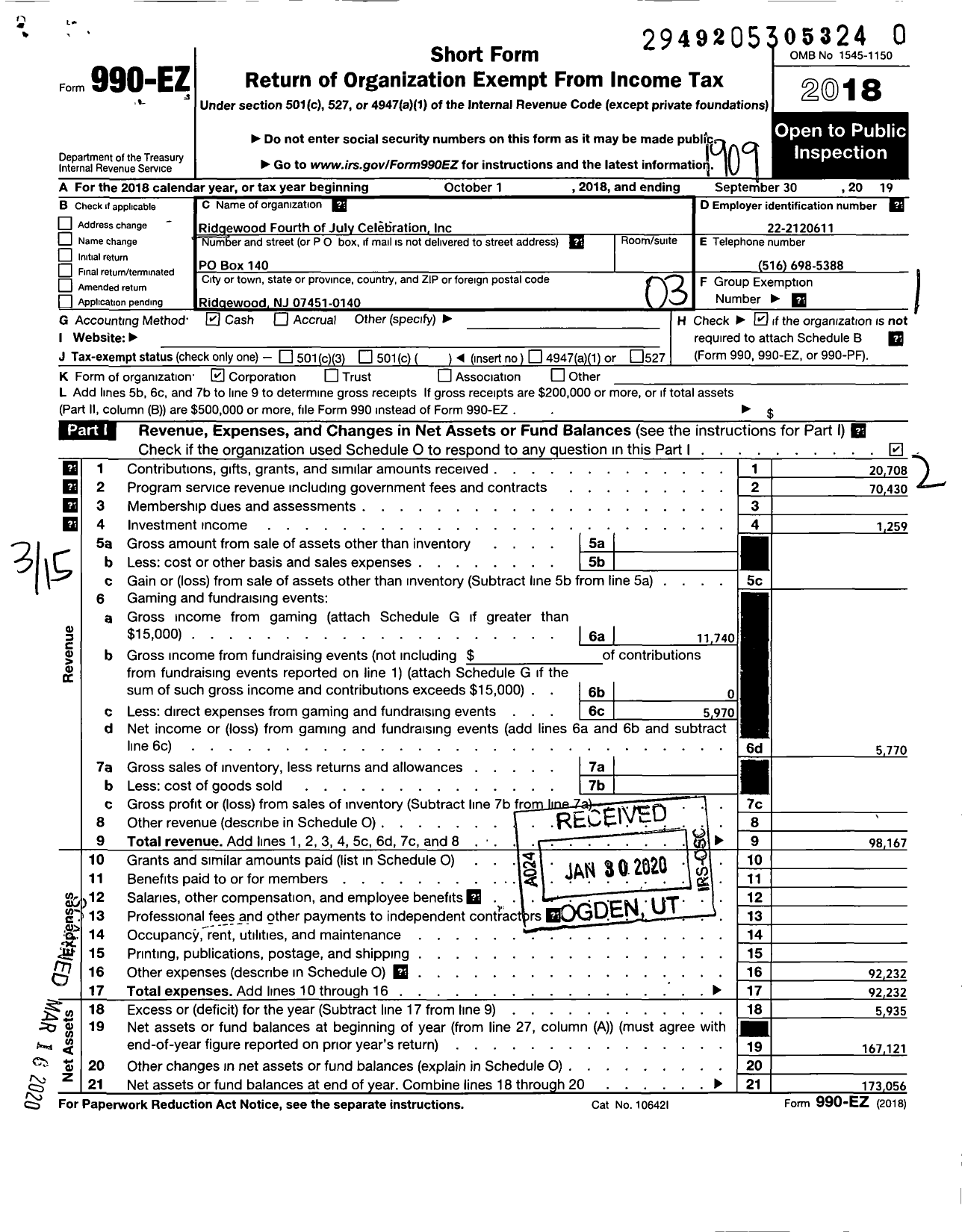 Image of first page of 2018 Form 990EZ for Ridgewood Fourth of July Parade Celebration