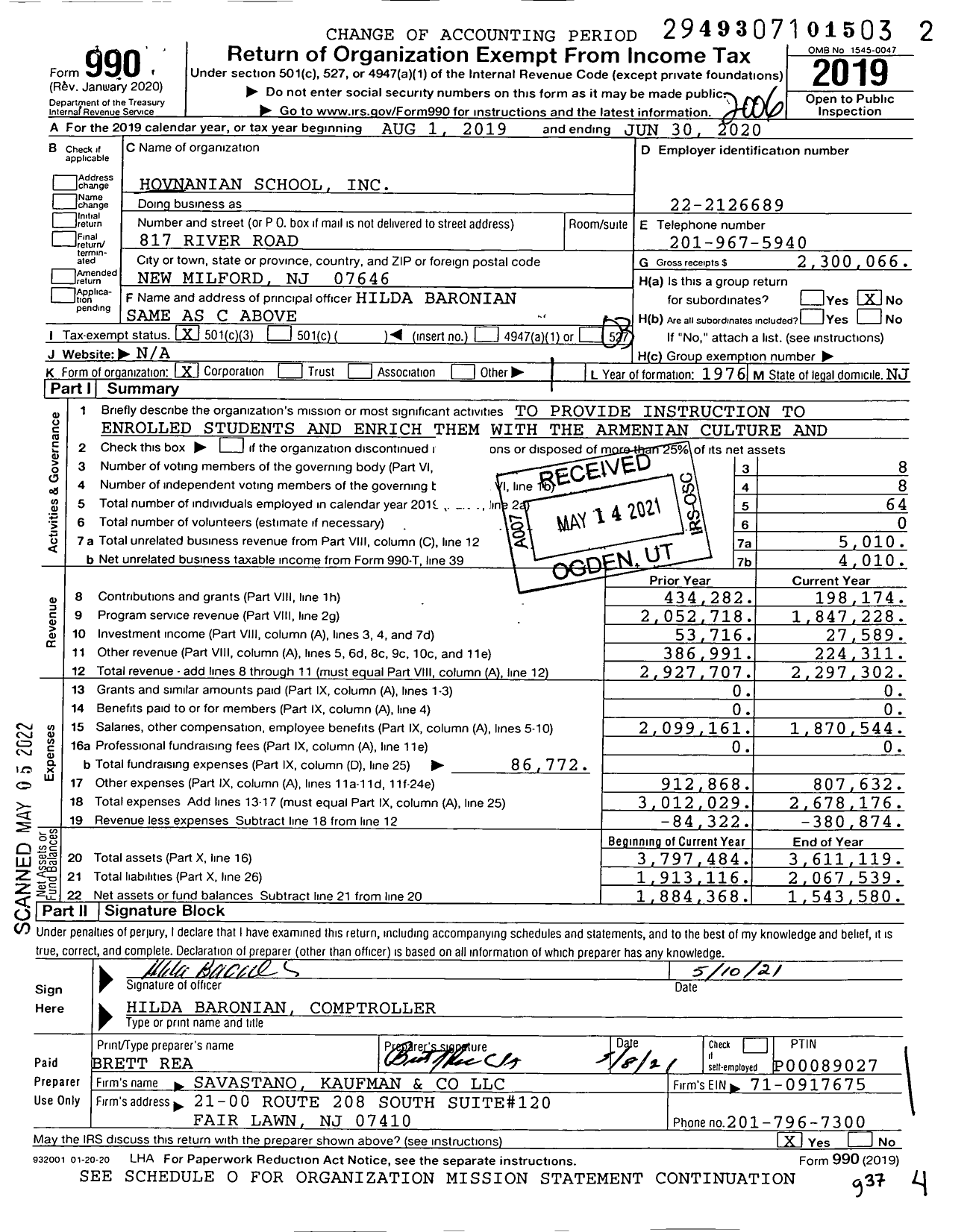 Image of first page of 2019 Form 990 for Hovnanian School