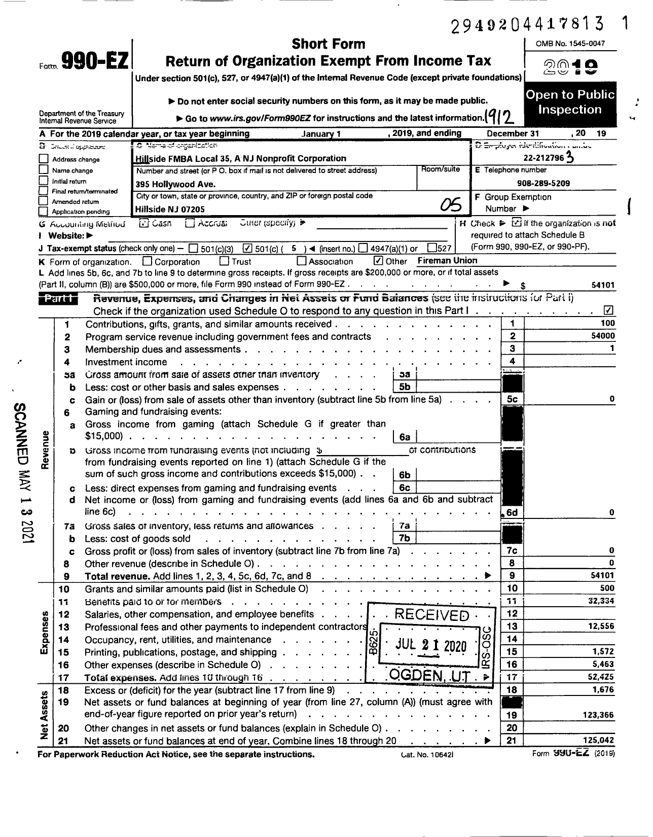 Image of first page of 2019 Form 990EO for New Jersey State Firemens Mutual Benevolent Association - 35 Local Hillside