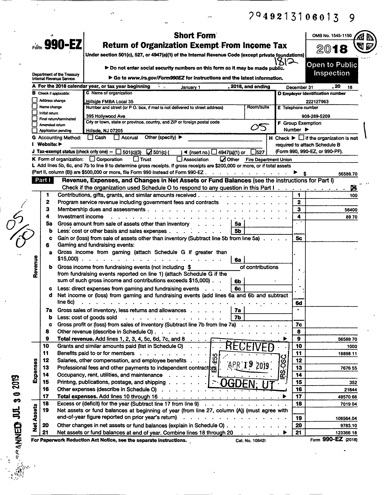 Image of first page of 2018 Form 990EO for New Jersey State Firemens Mutual Benevolent Association - 35 Local Hillside