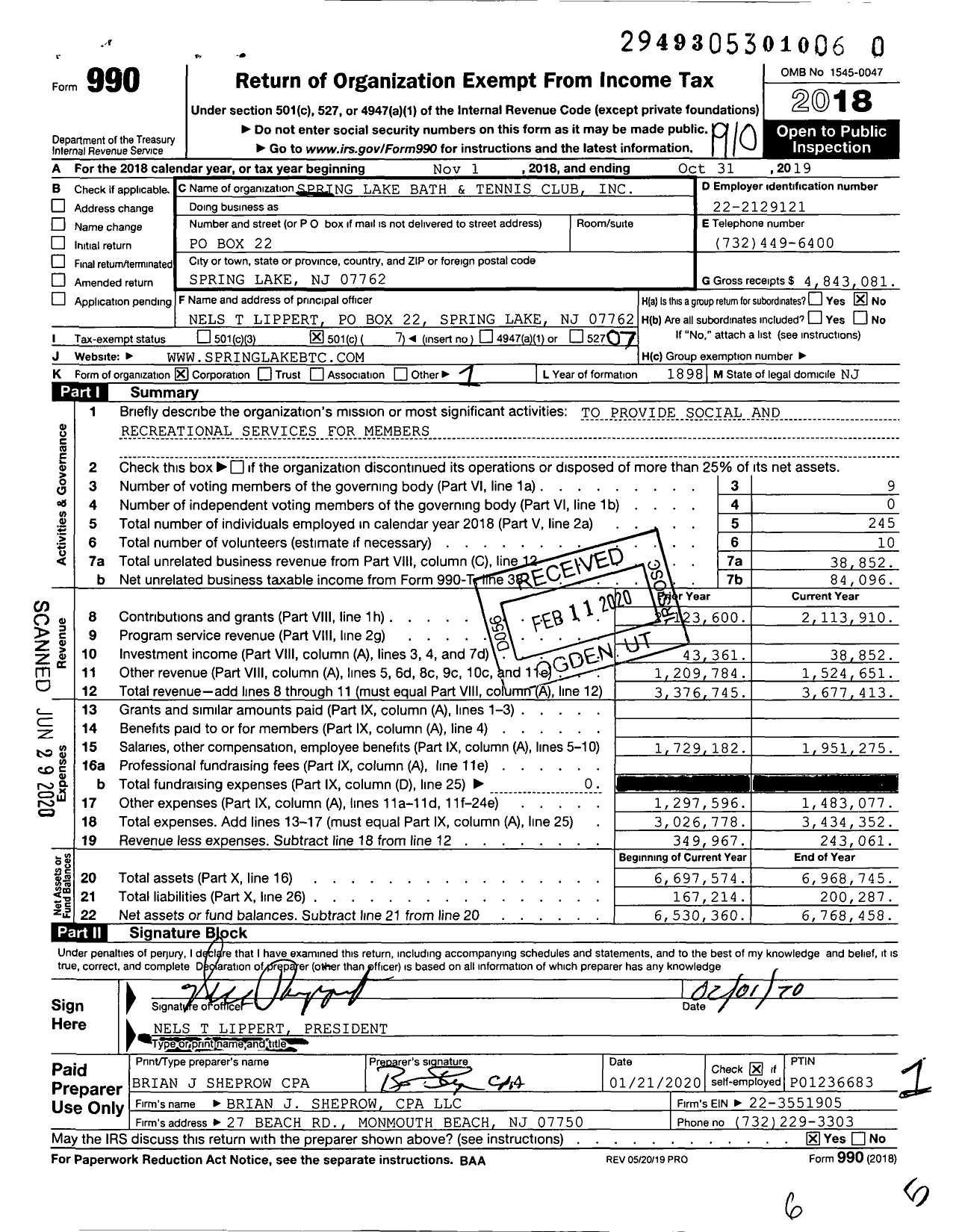 Image of first page of 2018 Form 990O for Spring Lake Bath and Tennis Club