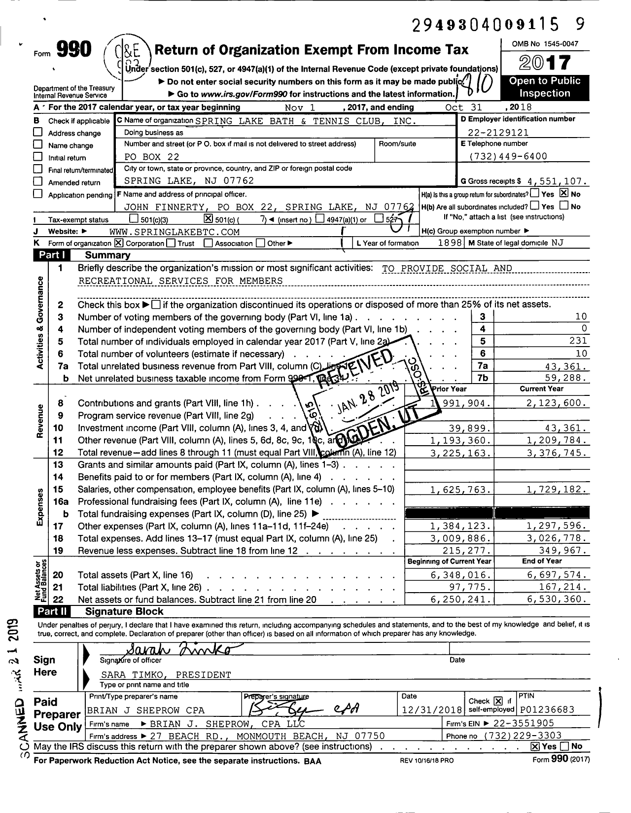 Image of first page of 2017 Form 990O for Spring Lake Bath and Tennis Club