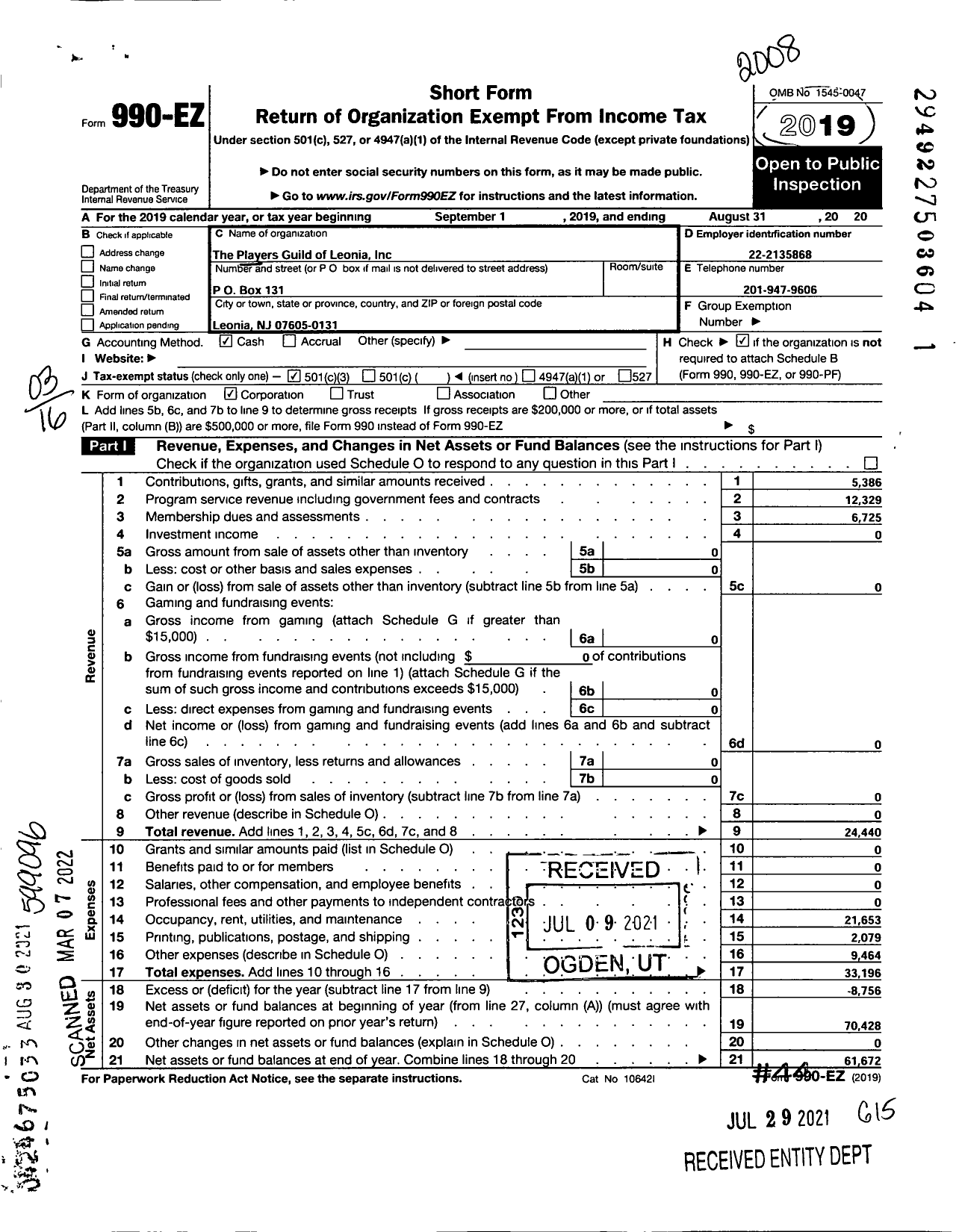 Image of first page of 2019 Form 990EZ for Players Guild of Leonia