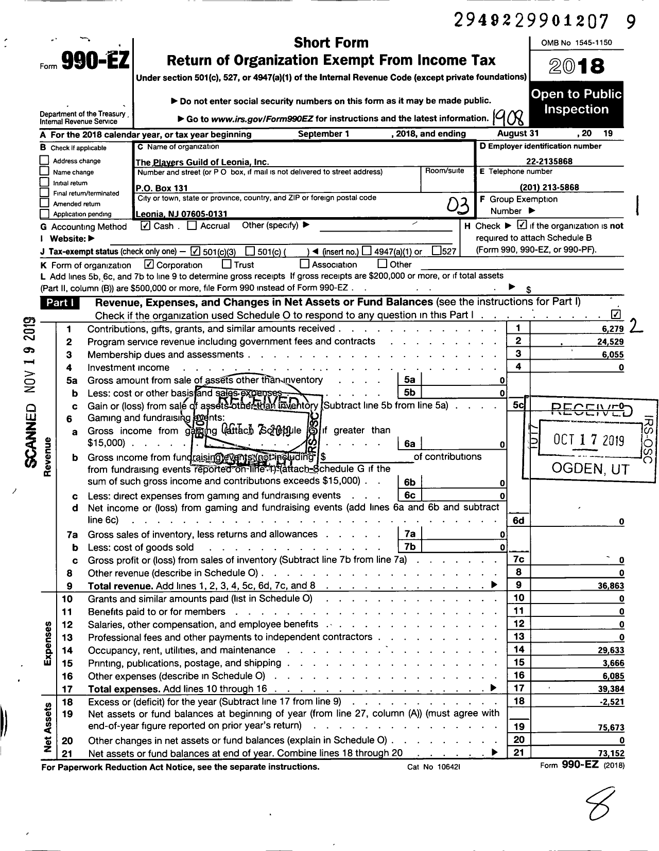 Image of first page of 2018 Form 990EZ for Players Guild of Leonia