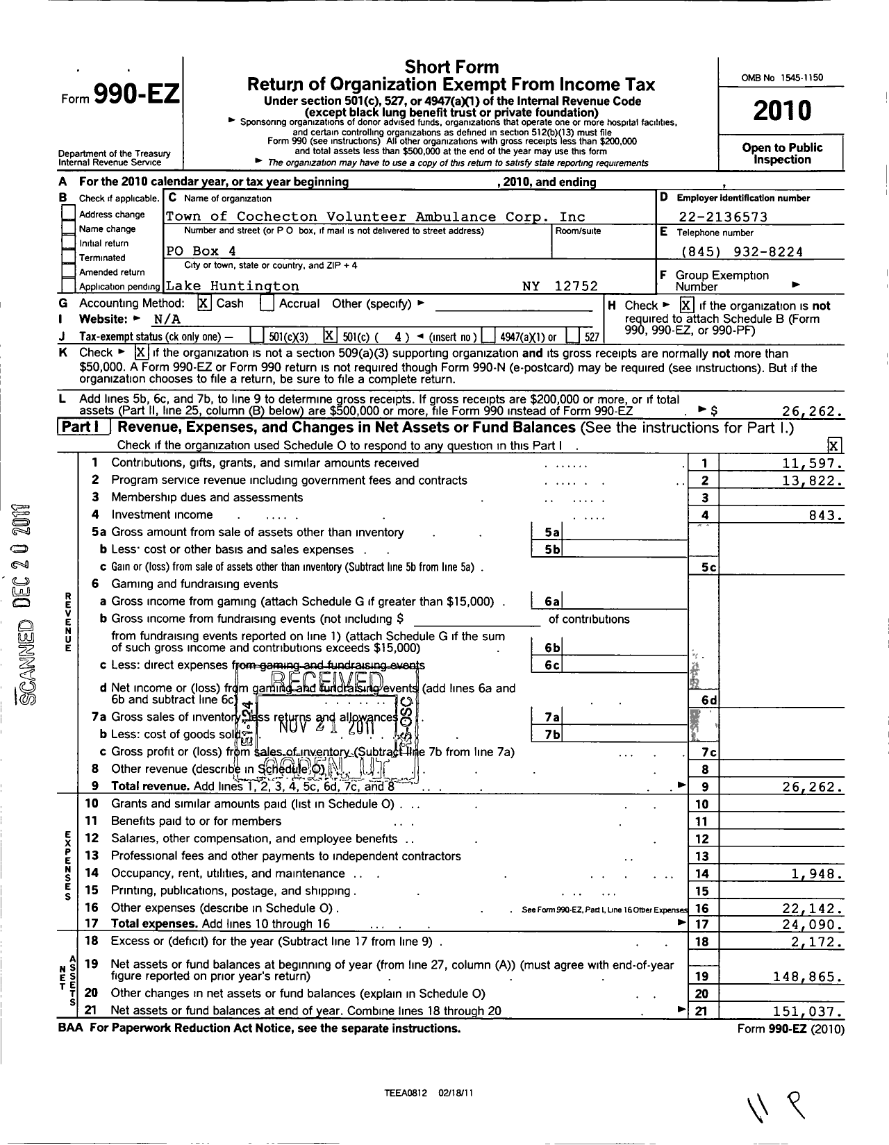 Image of first page of 2010 Form 990EO for Town of Cochecton Volunteer Ambulance Corps