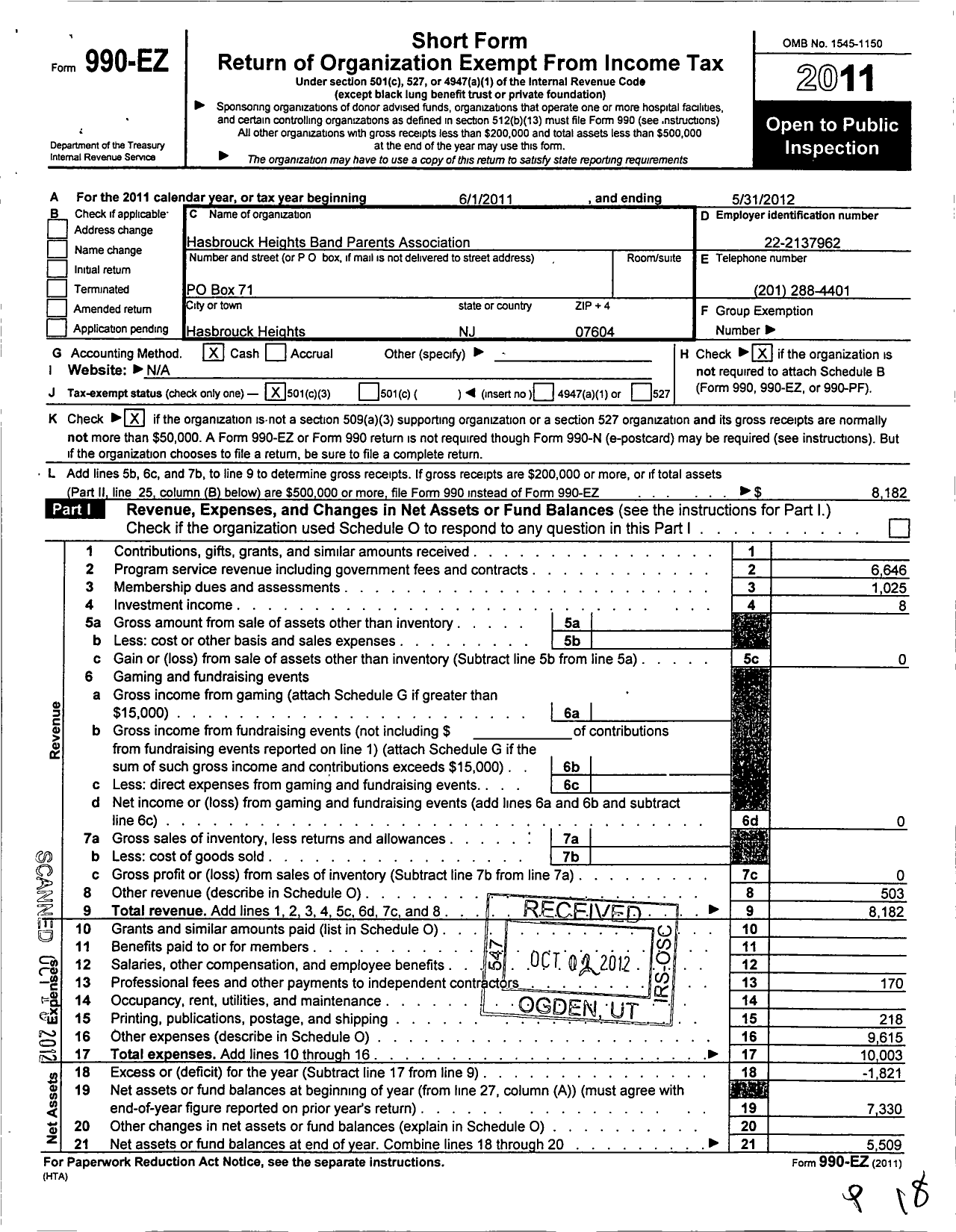 Image of first page of 2011 Form 990EZ for Hasbrouck Heights Band Parents Association