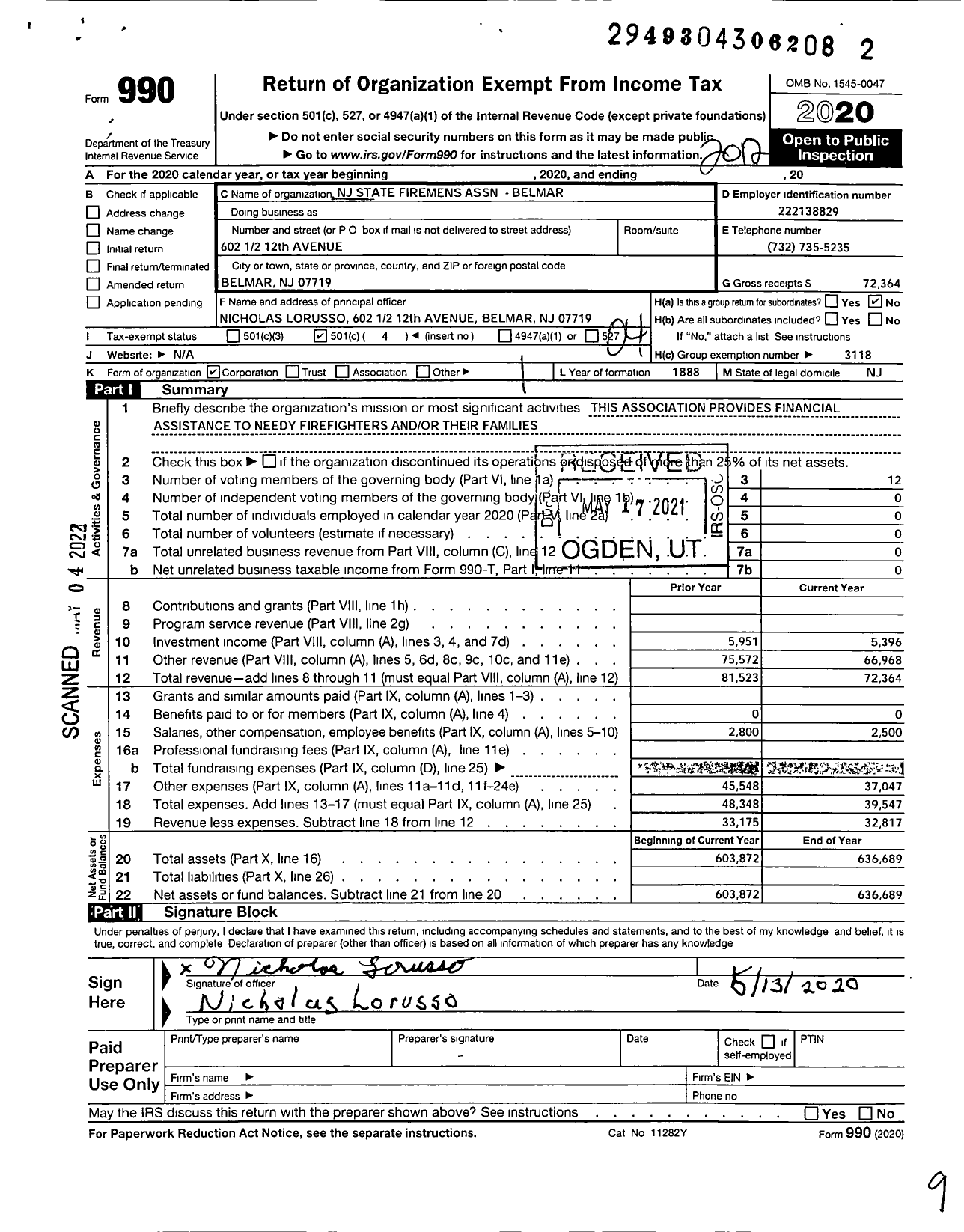 Image of first page of 2020 Form 990O for New Jersey State Firemen's Association - Belmar