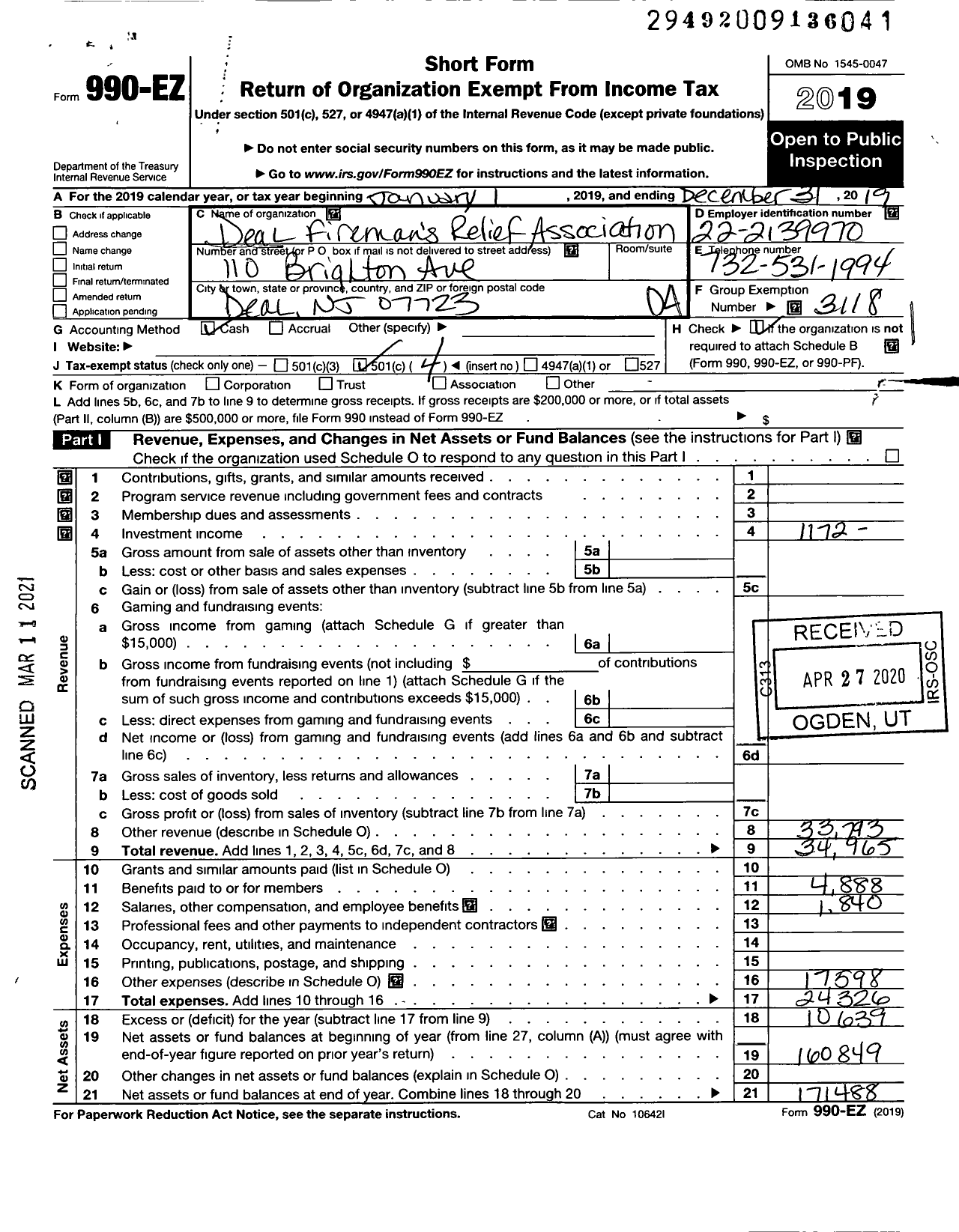 Image of first page of 2019 Form 990EO for NEW JERSEY STATE Firemen's Association - DEAL