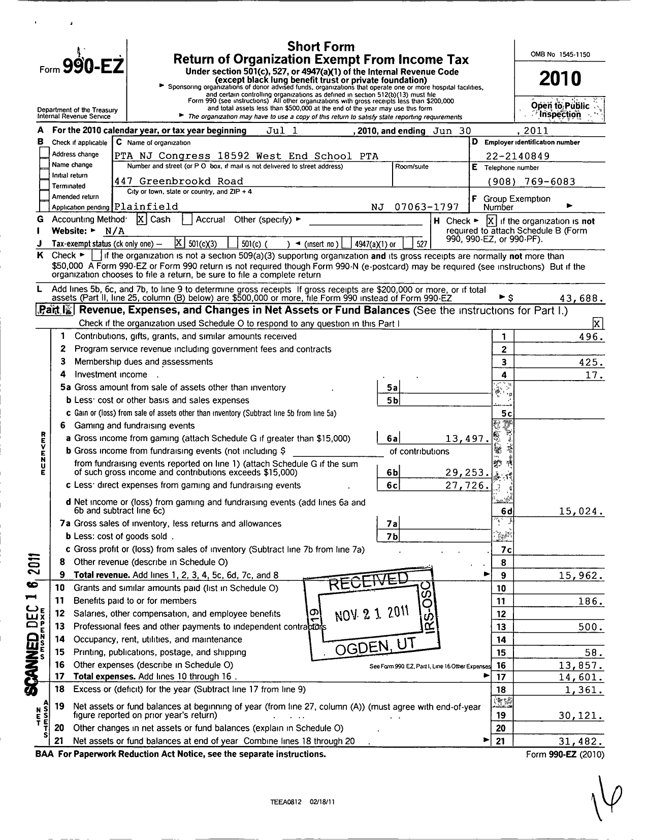 Image of first page of 2010 Form 990EZ for New Jersey PTA - 18592 West End School PTA