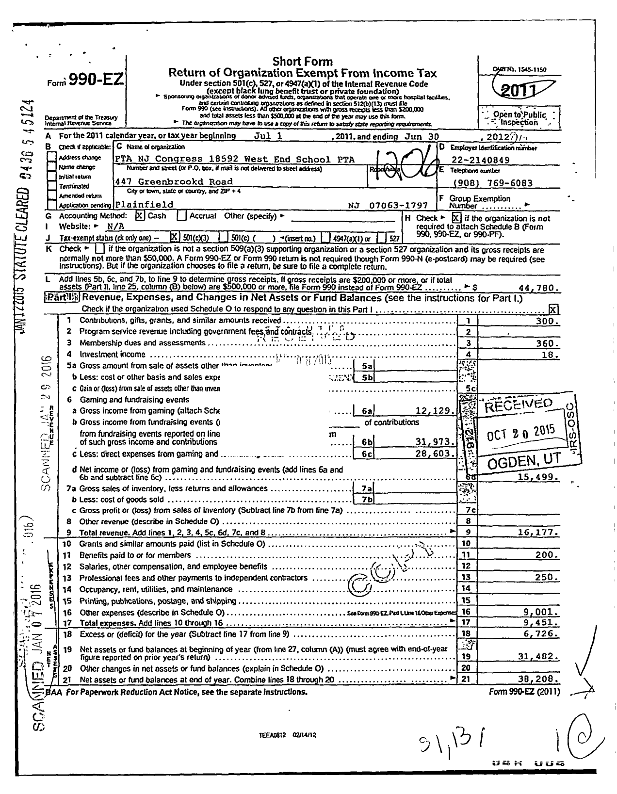 Image of first page of 2011 Form 990EZ for New Jersey PTA - 18592 West End School PTA