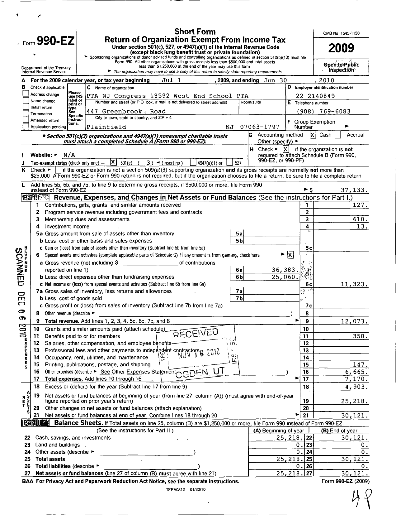 Image of first page of 2009 Form 990EZ for New Jersey PTA - 18592 West End School PTA