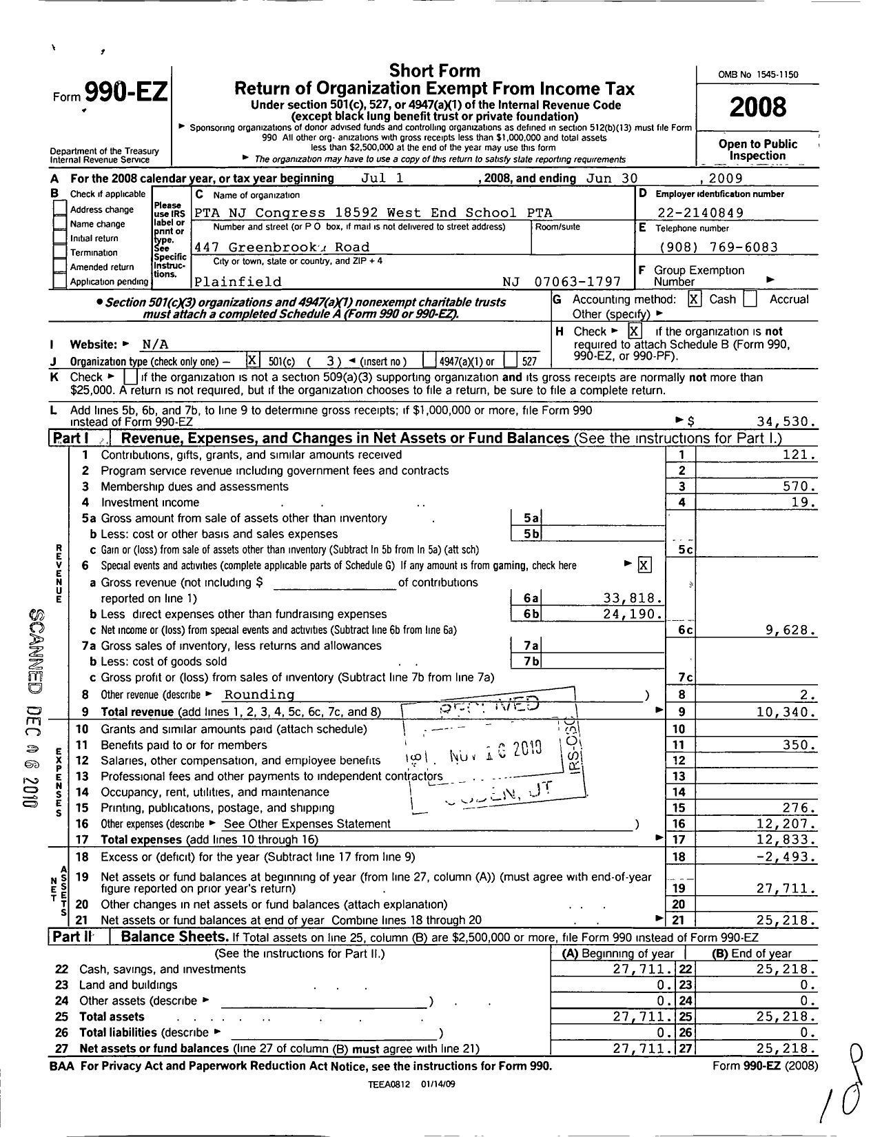 Image of first page of 2008 Form 990EZ for New Jersey PTA - 18592 West End School PTA