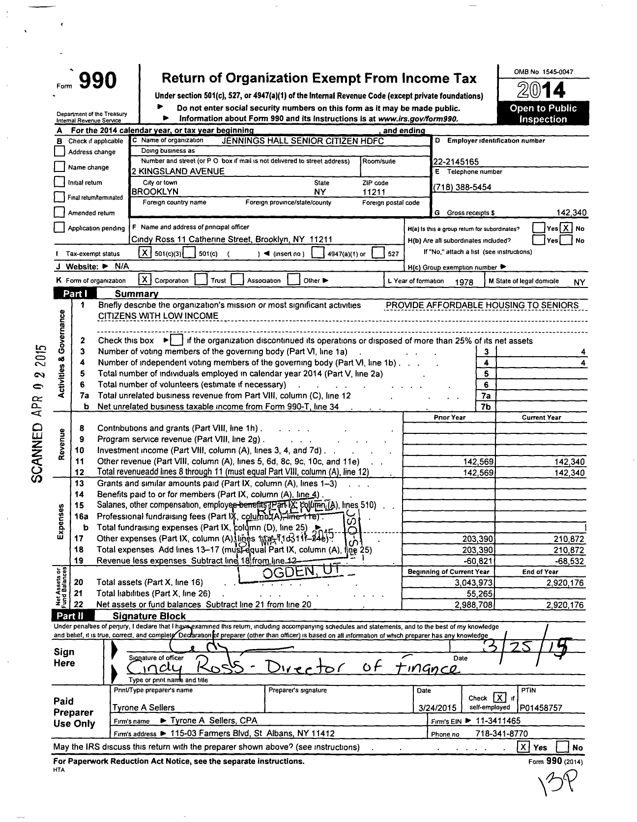 Image of first page of 2014 Form 990 for Jennings Hall Senior Citizen HDFC