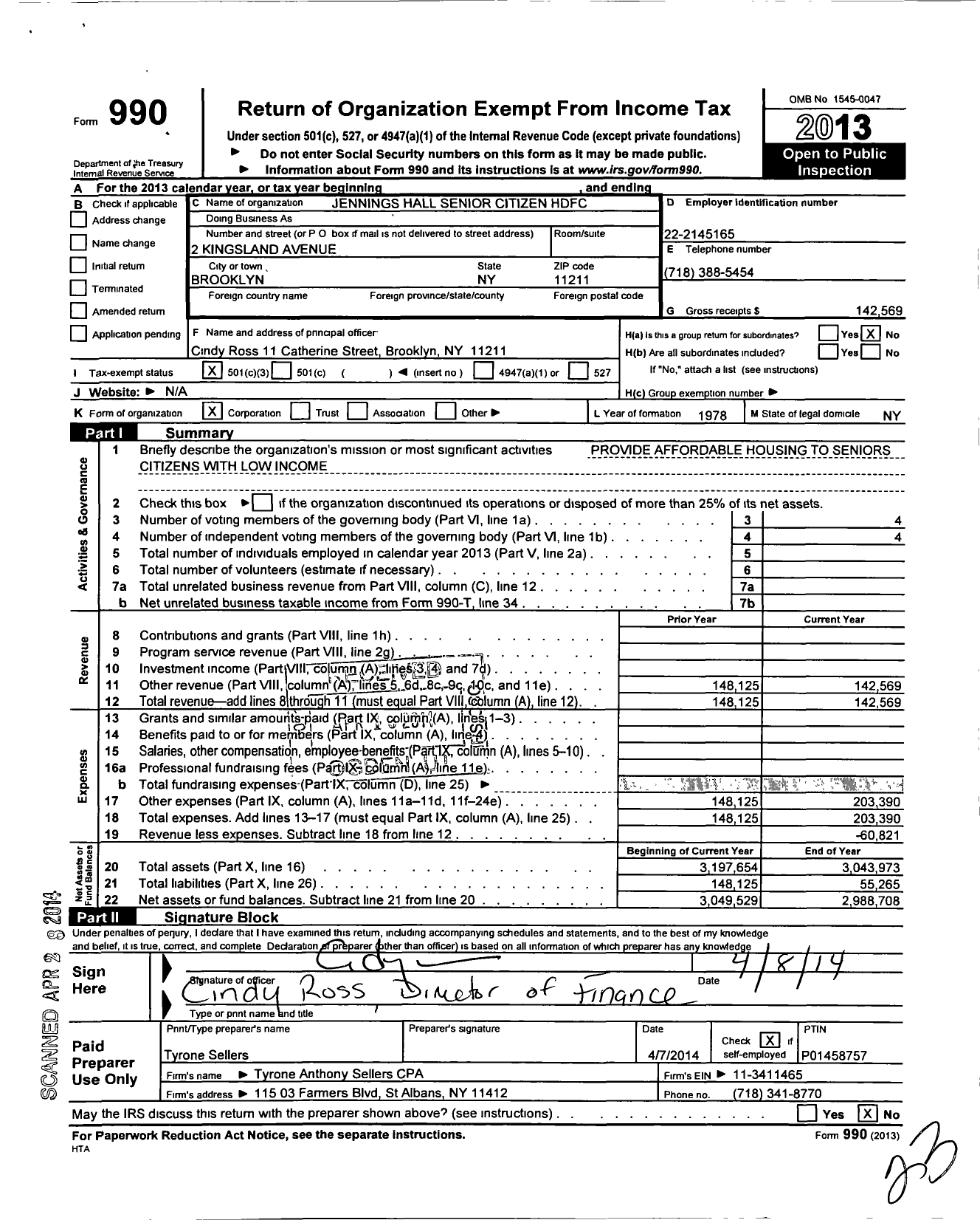 Image of first page of 2013 Form 990 for Jennings Hall Senior Citizen HDFC