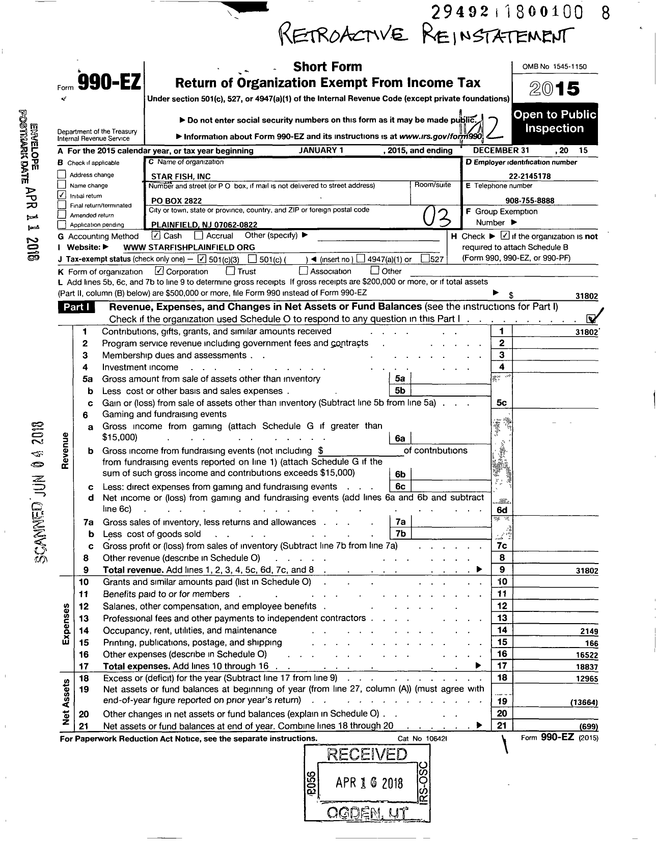 Image of first page of 2015 Form 990EZ for Star Fish