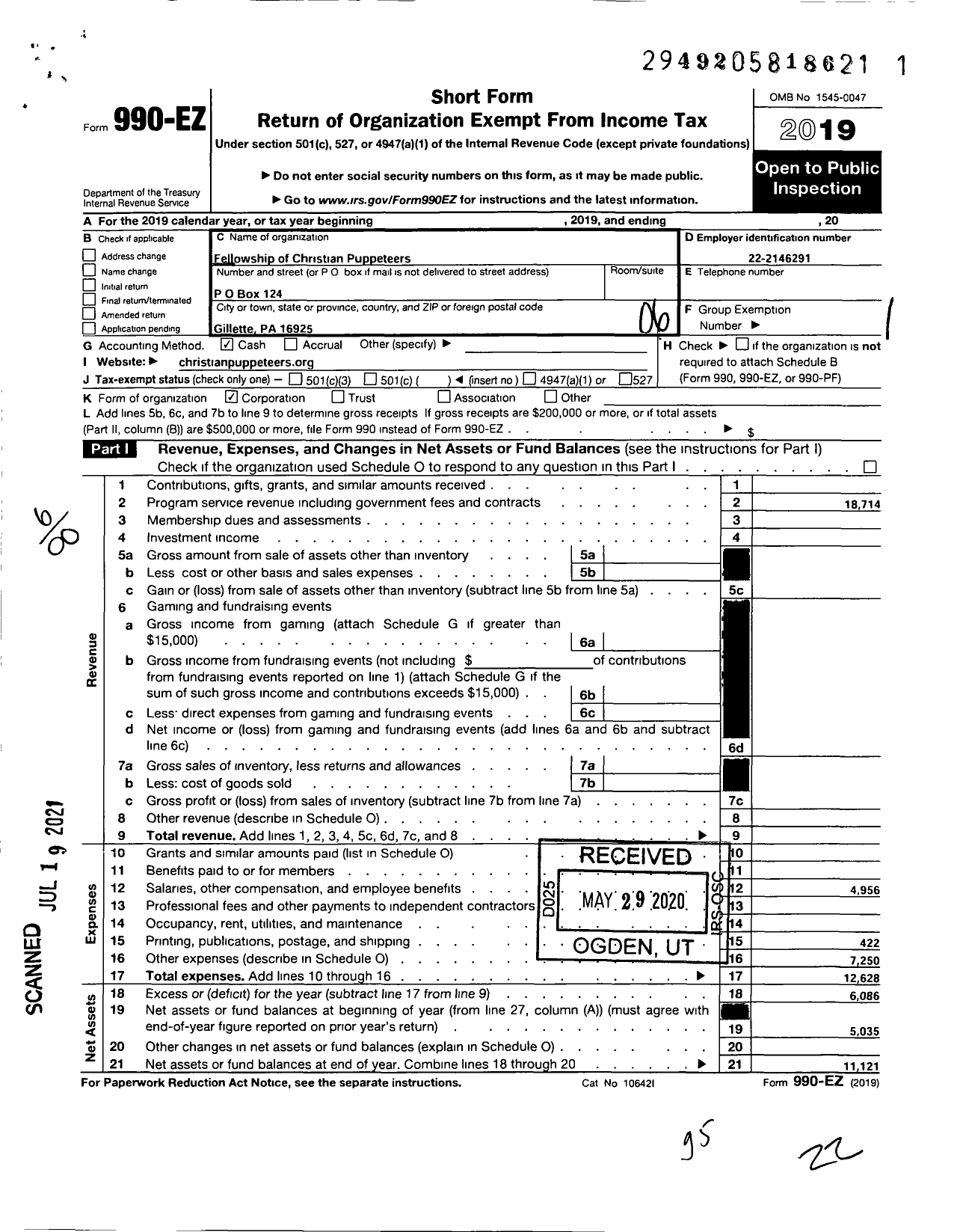 Image of first page of 2019 Form 990EO for Fellowship of Christian Puppeteers