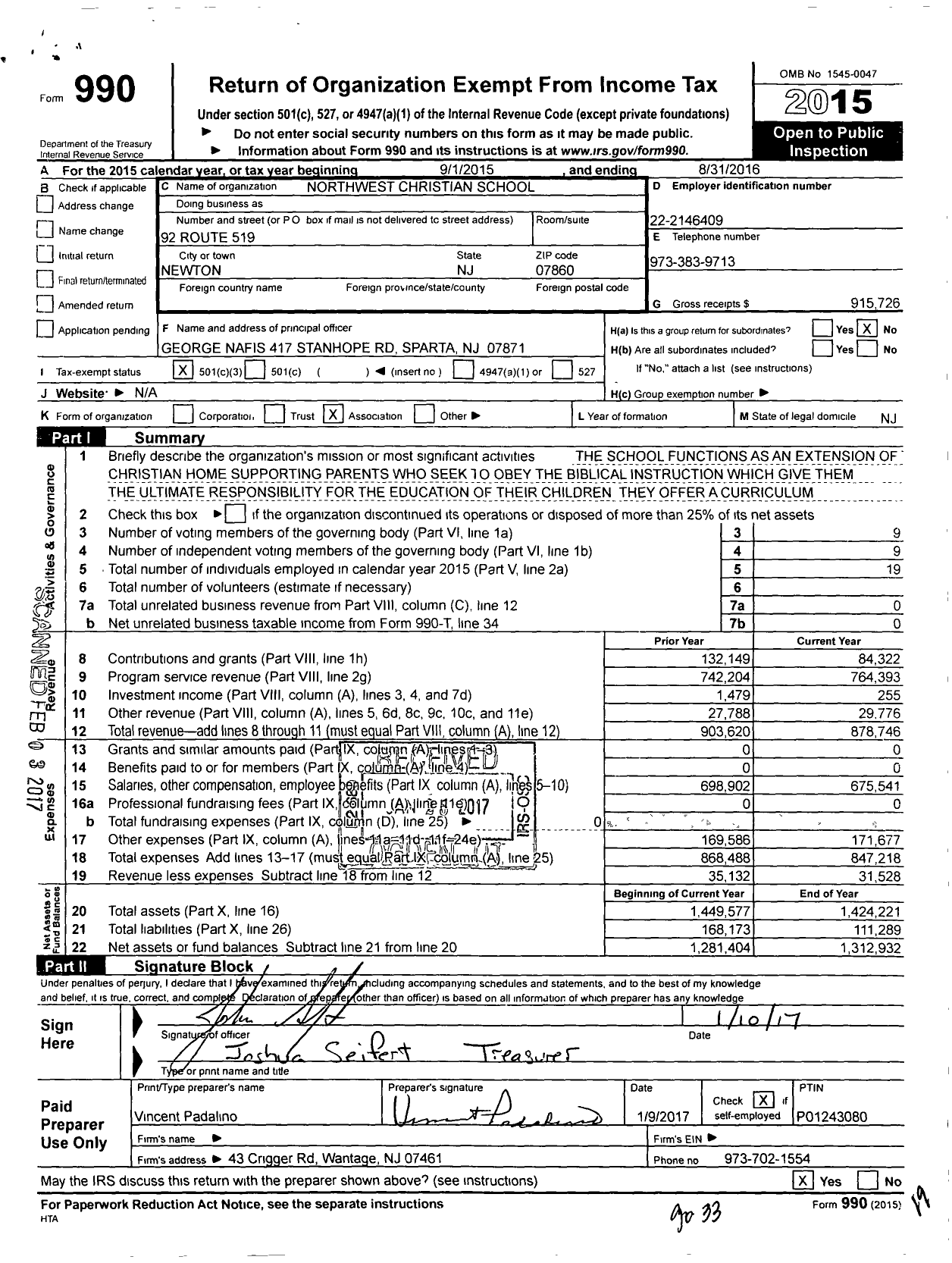 Image of first page of 2015 Form 990 for Northwest Christian School