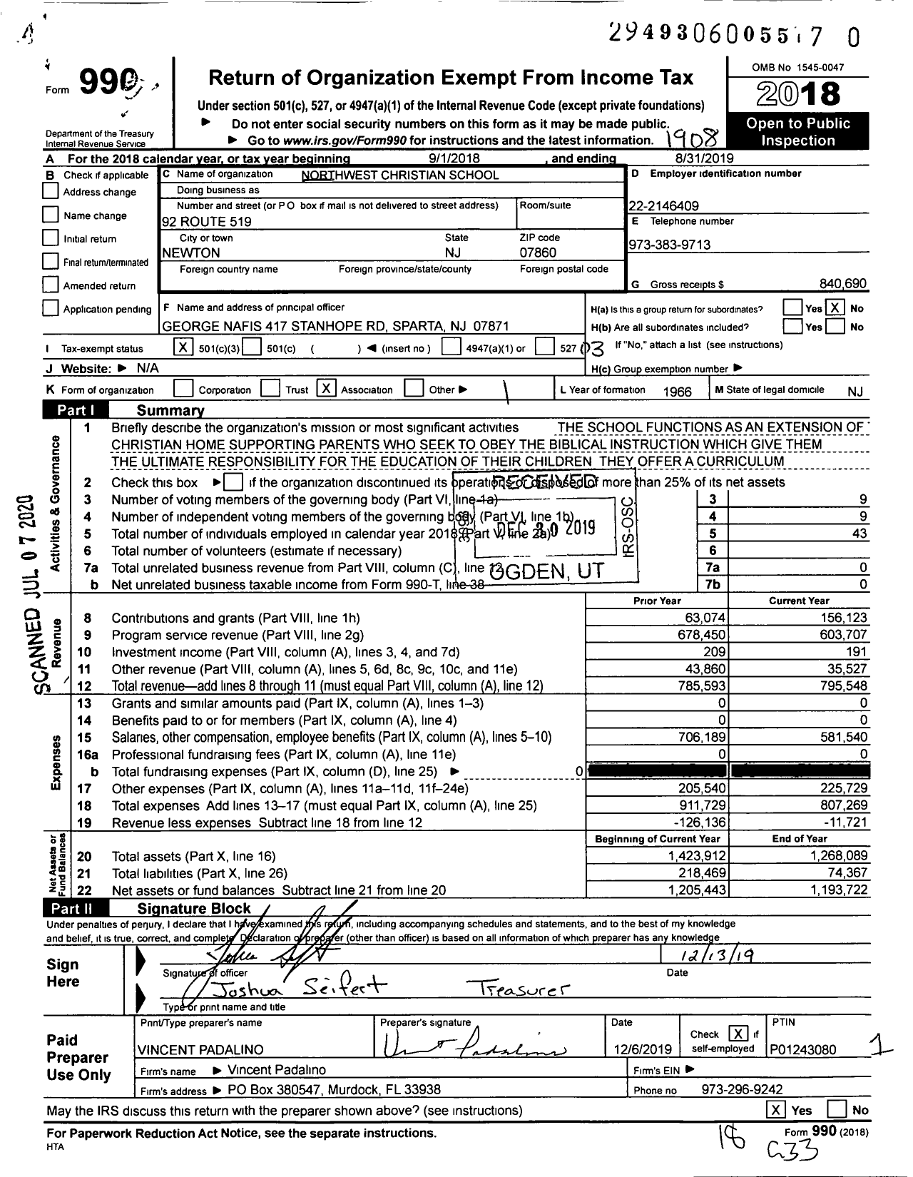 Image of first page of 2018 Form 990 for Northwest Christian School