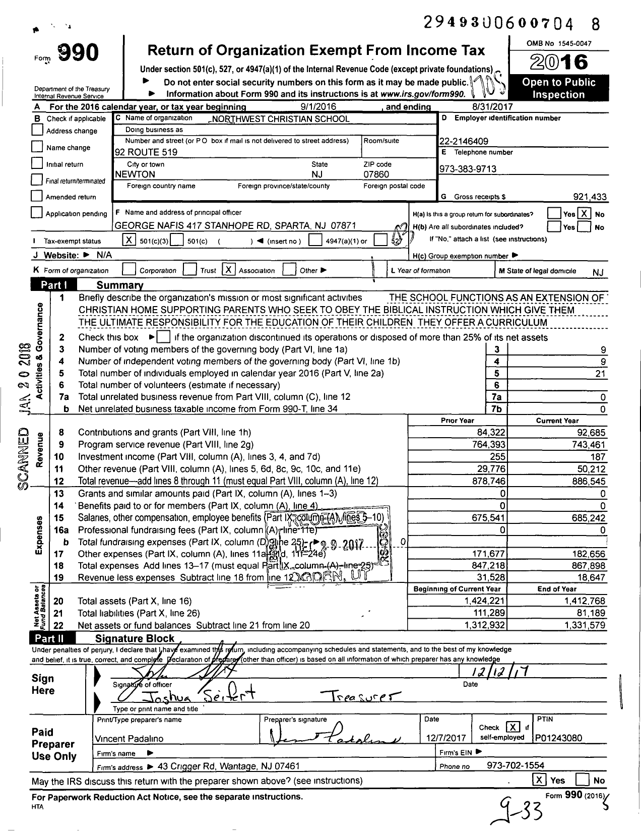 Image of first page of 2016 Form 990 for Northwest Christian School