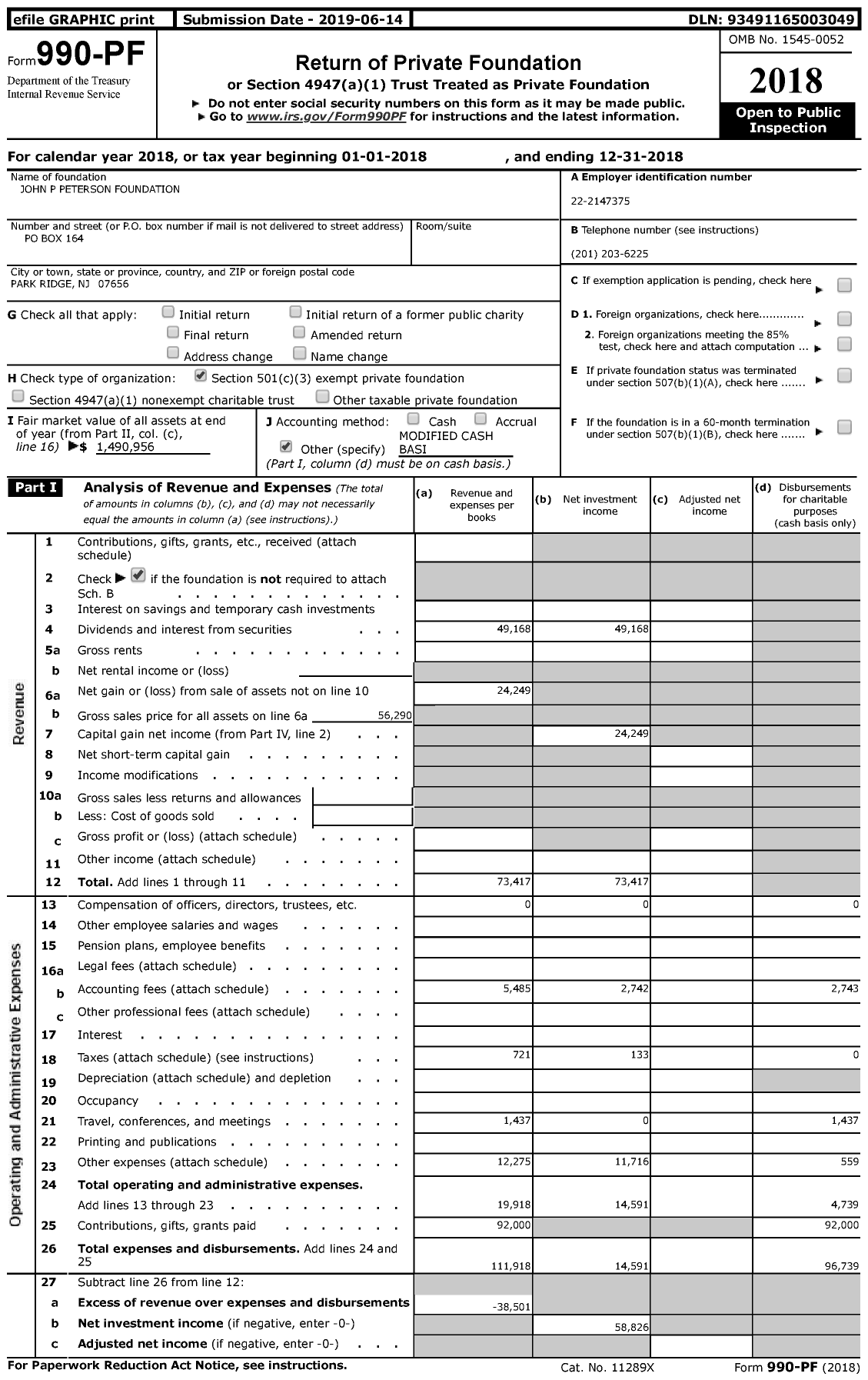 Image of first page of 2018 Form 990PF for John P Peterson Foundation