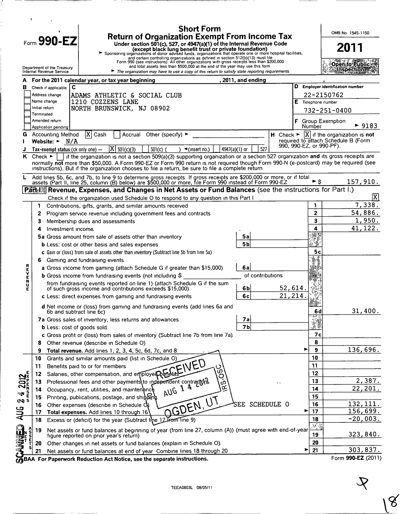 Image of first page of 2011 Form 990EZ for Adams Athletic and Social Club