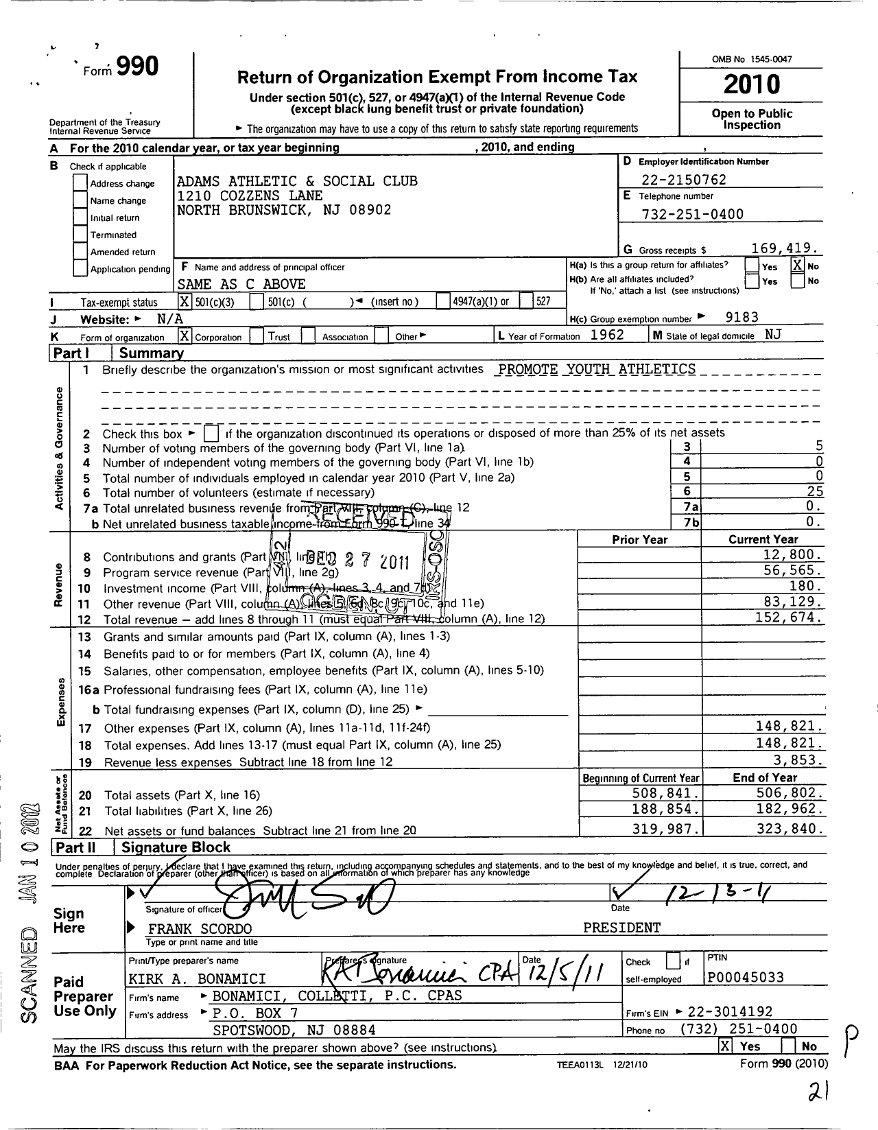 Image of first page of 2010 Form 990 for Adams Athletic and Social Club