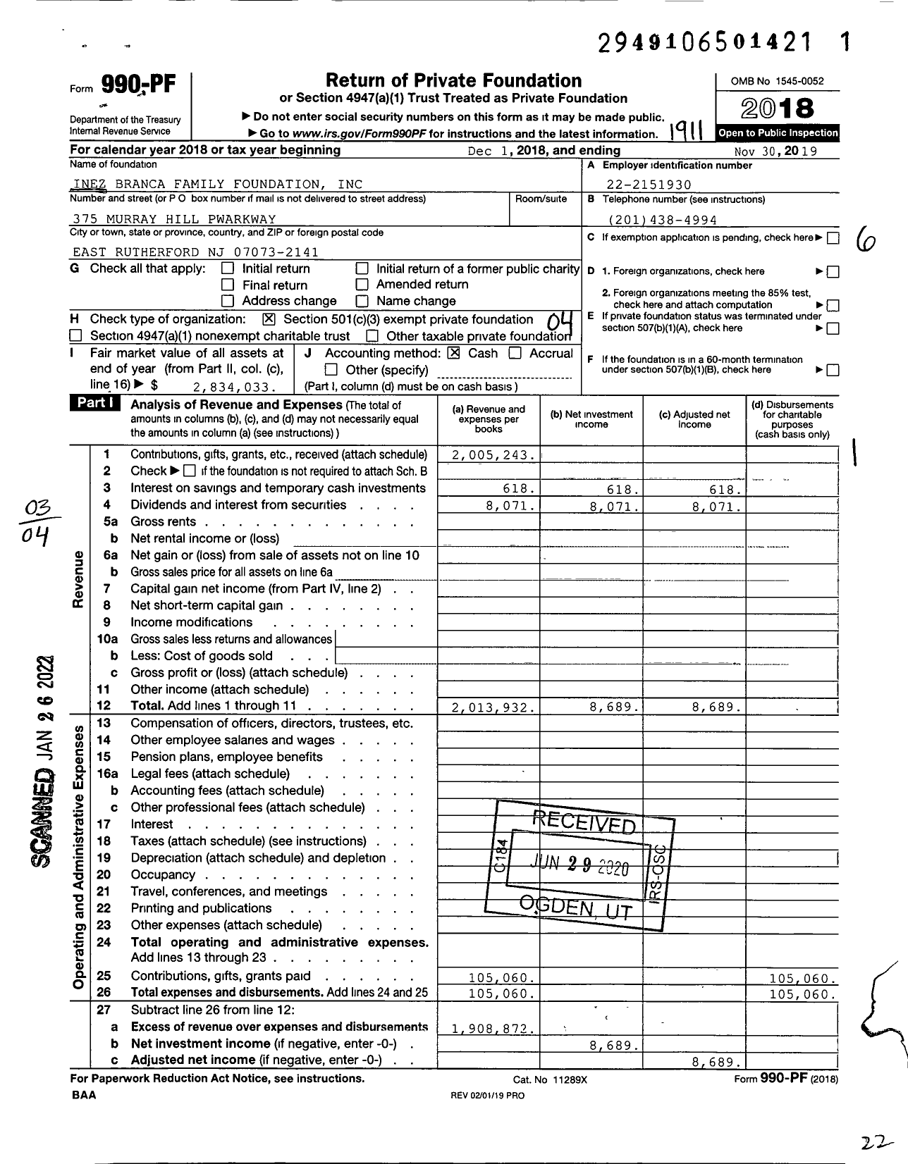 Image of first page of 2018 Form 990PF for Inez Branca Family Foundation