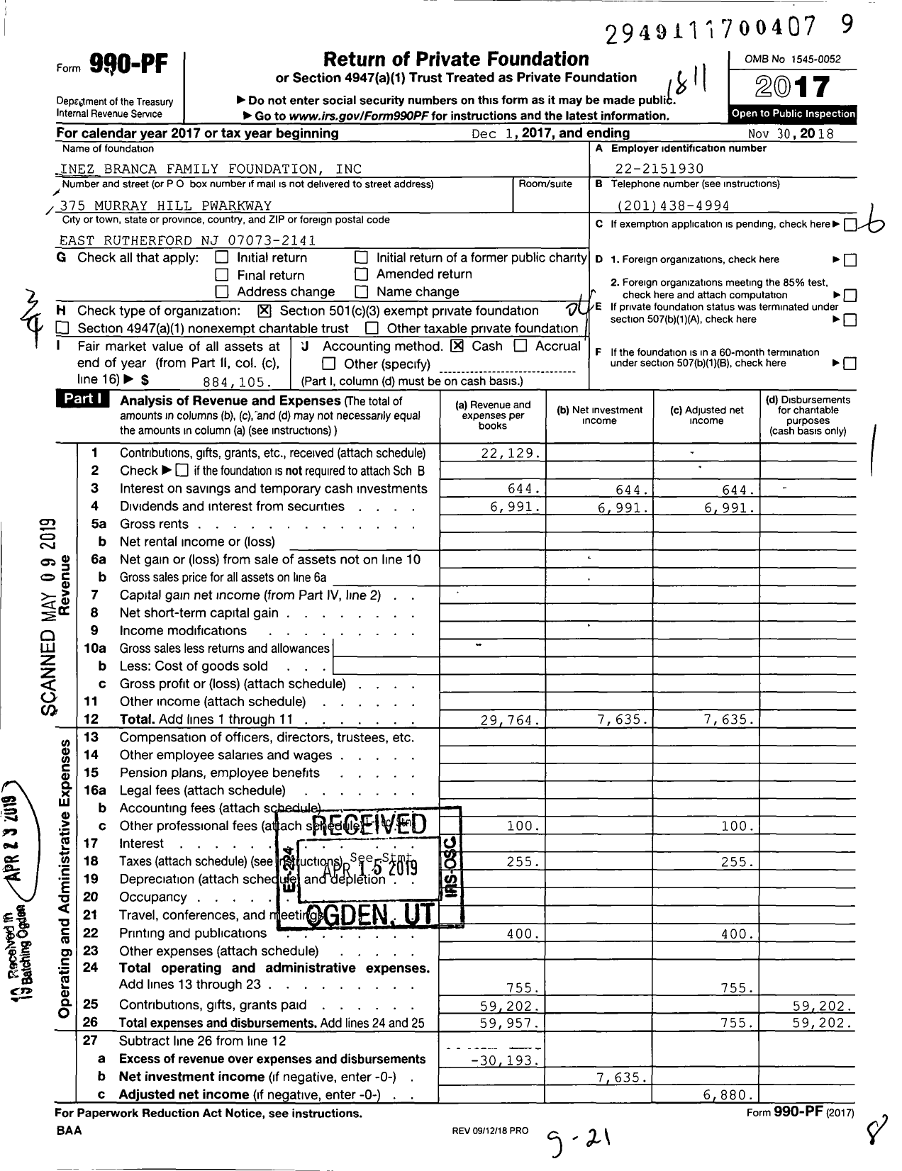 Image of first page of 2017 Form 990PF for Inez Branca Family Foundation