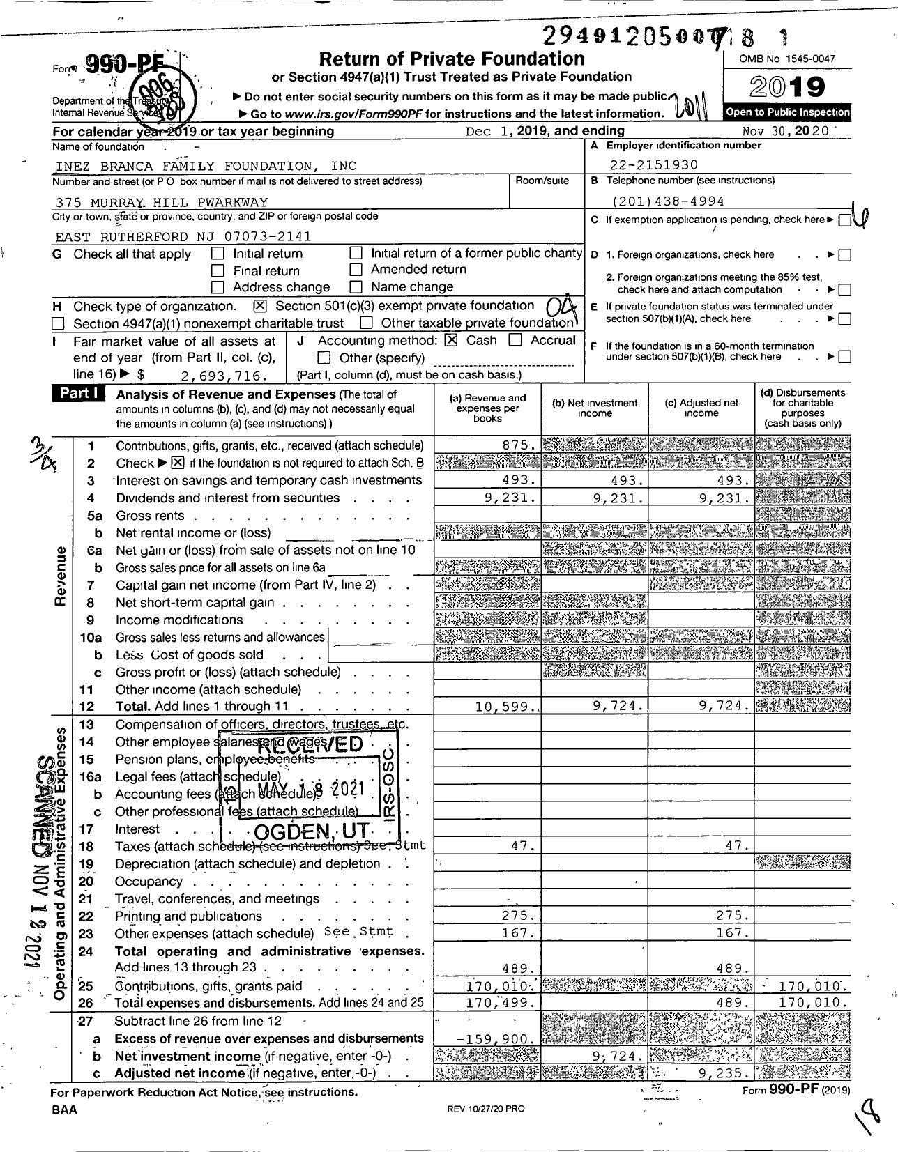 Image of first page of 2019 Form 990PF for Inez Branca Family Foundation