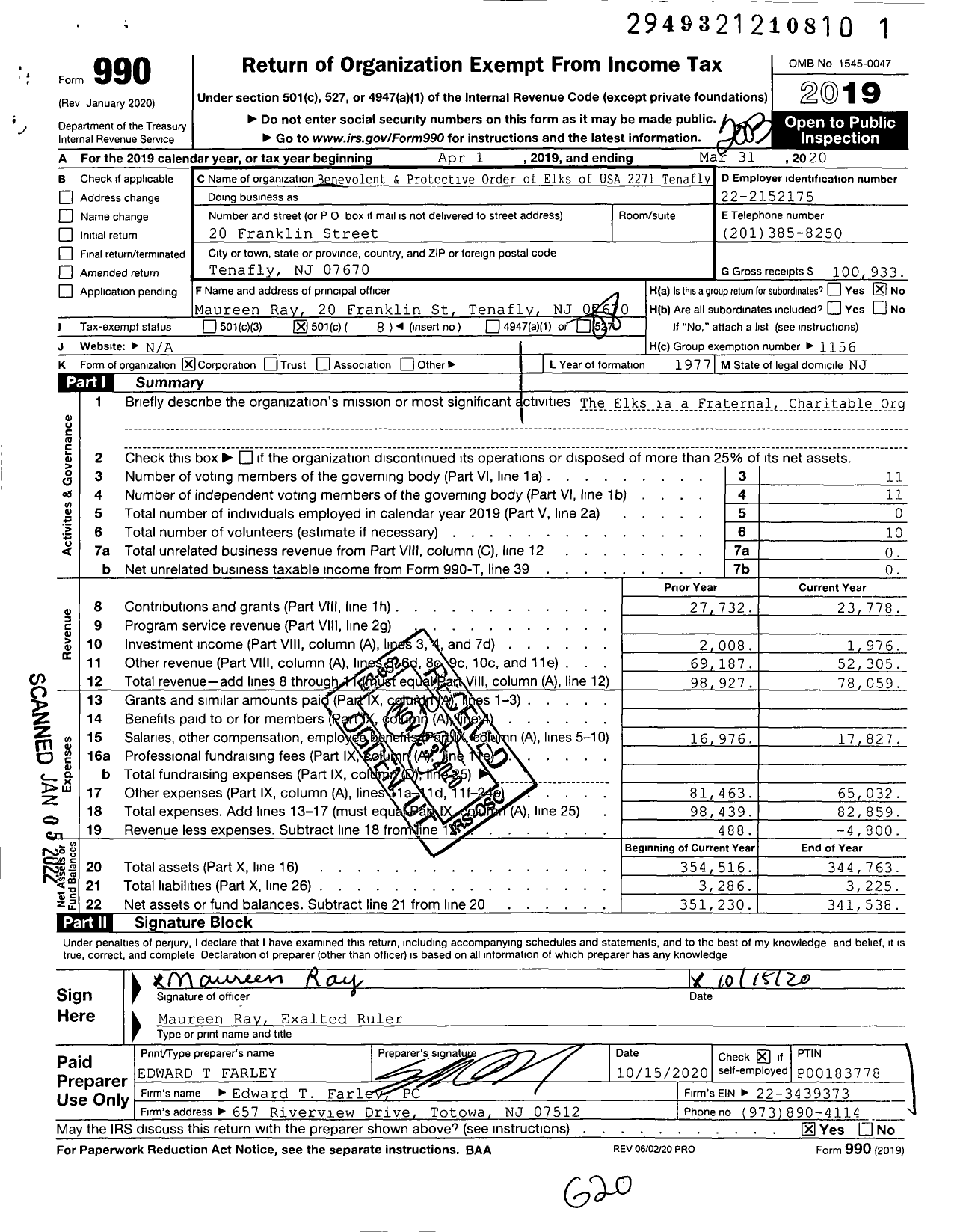 Image of first page of 2019 Form 990O for Benevolent and Protective Order of Elks - 2271 Tenafly