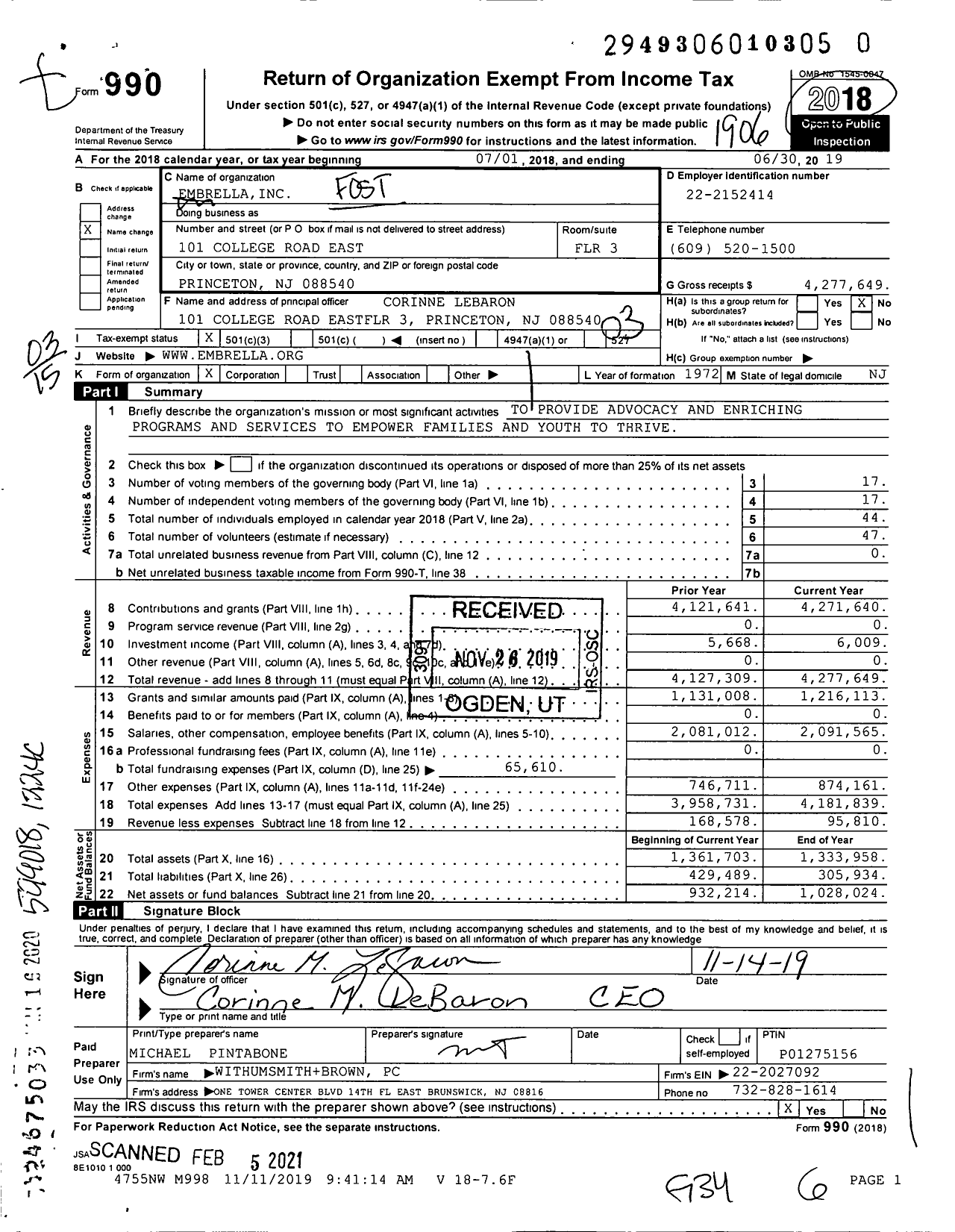 Image of first page of 2018 Form 990 for Embrella (FAFS)