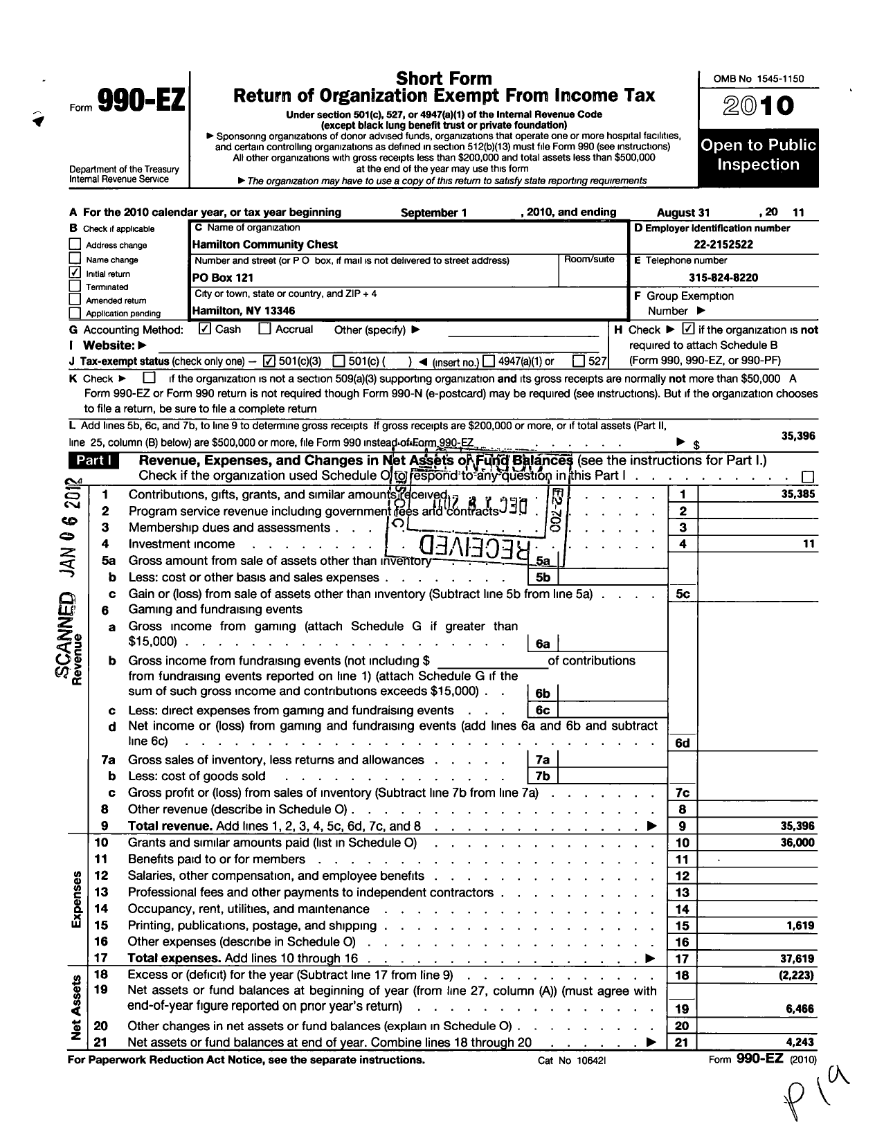 Image of first page of 2010 Form 990EZ for Hamilton Community Chest